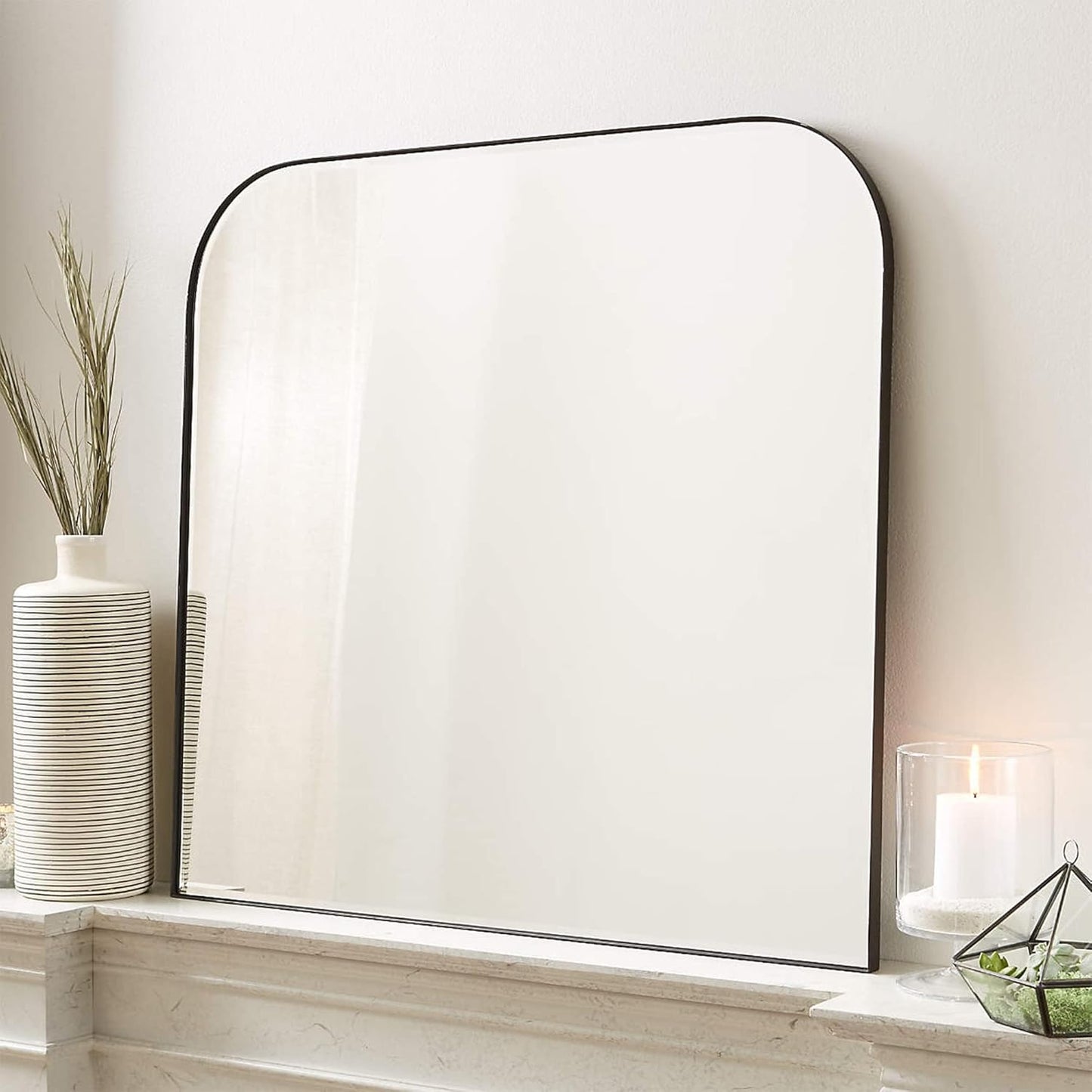 34x40'' Large Matte Black Arched Mantel Mirror Rounded Corner Wall Mirror for Bathroom, Living Room or Powder Room