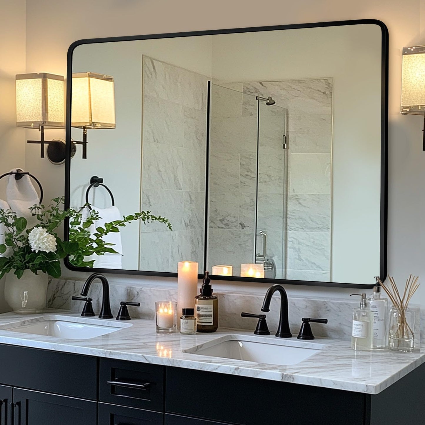 Bathroom Mirror, 48" x 30" Wall Mirror, Rectangular Aluminum Alloy Frame Contemporary Hanging Mirror for Living Room Bathroom Entryway, Black Rounded Corner