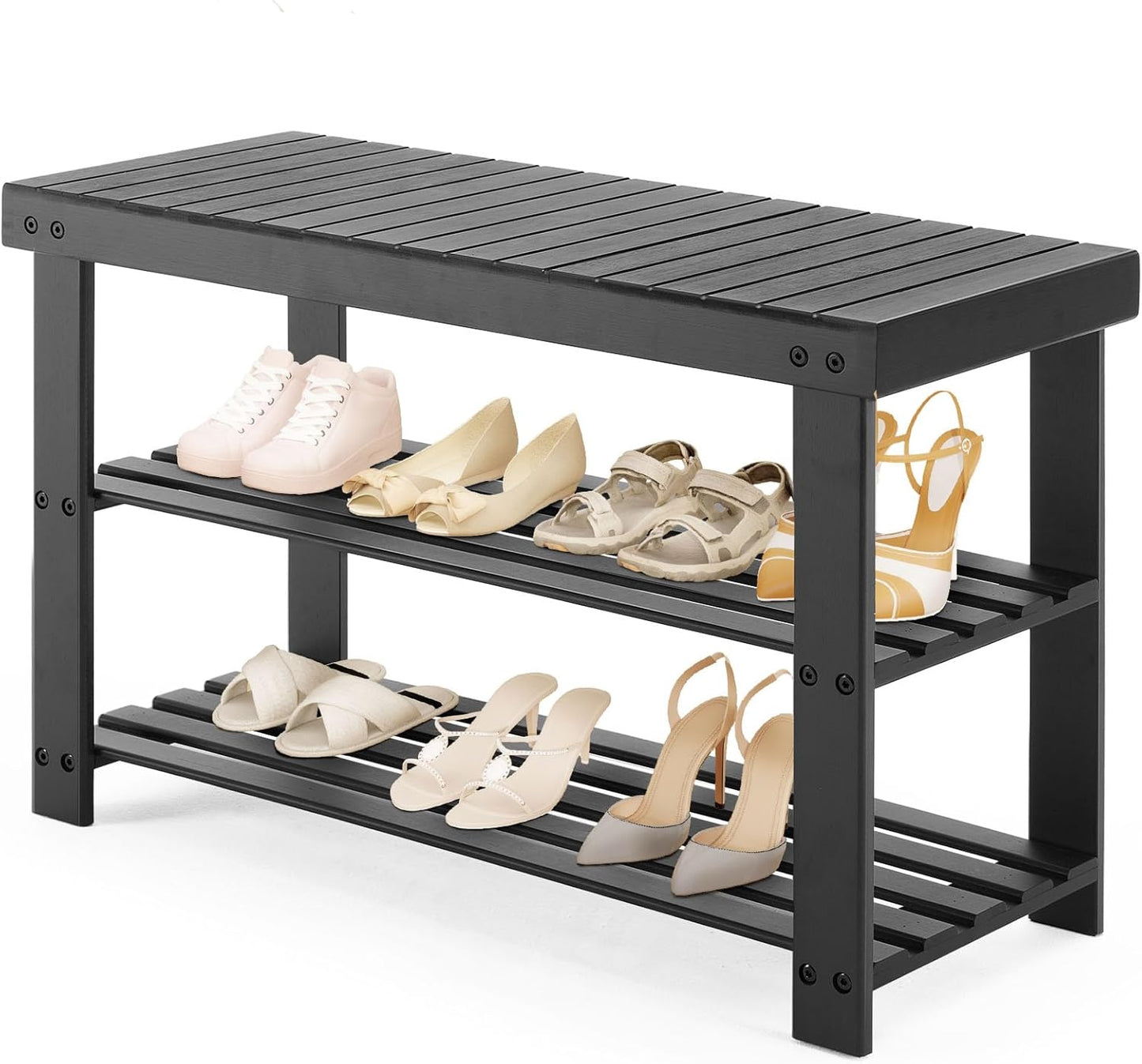 Sweetcrispy 3-Tier Shoe Rack Bench, Bamboo Entryway Storage Organizer, Shoes Stand for FrontDoor Entrance, Bedroom, Living Room, 286lb Capacity, 11.3 x 27.6 x 17.8 Inches, Pitch-Black