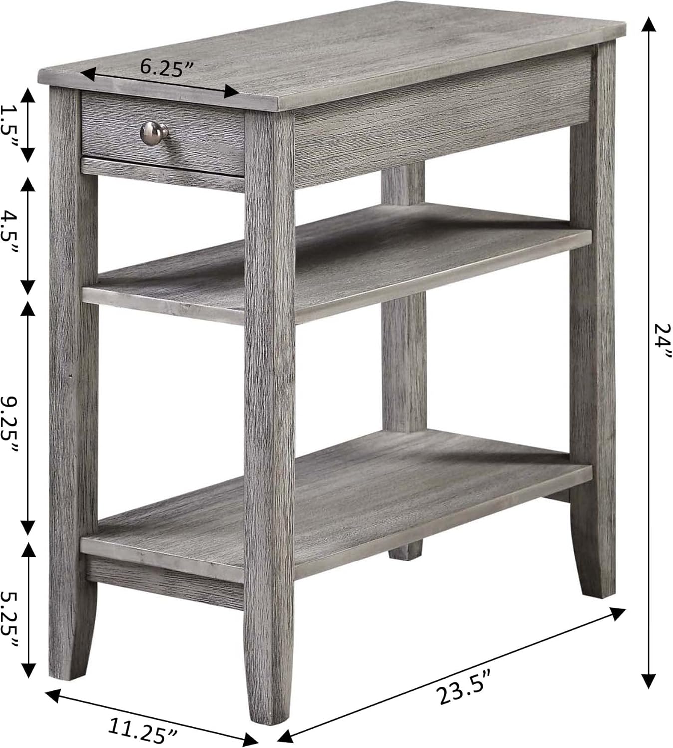 Convenience Concepts American Heritage Chairside End Table with Drawer 23.5" - Classic Living Room Table with Storage Shelf, Bedroom Nightstand, Wirebrush Light Gray