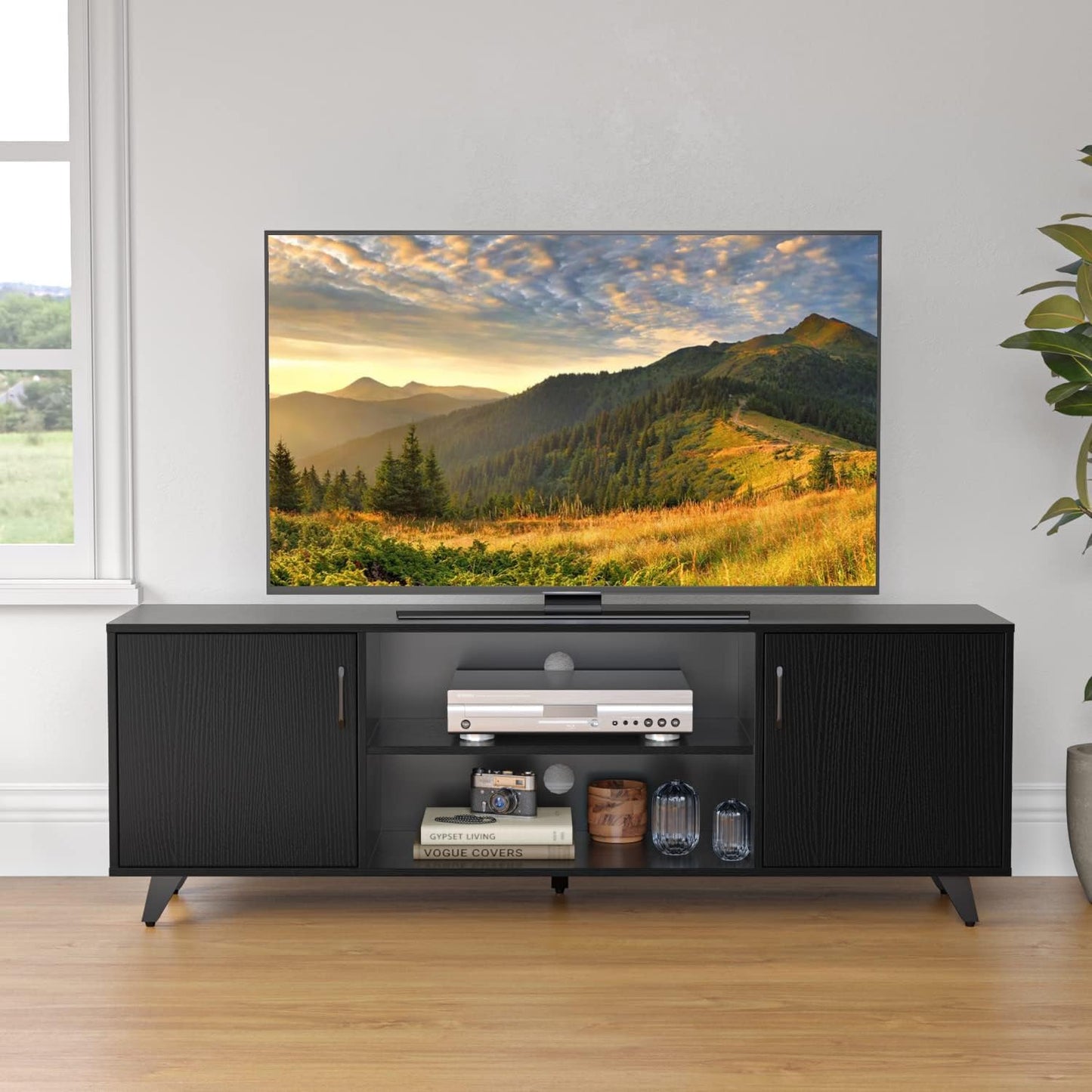 Panana Mid Century TV Stand Entertainment Center with 2 Doors, Wooden Medial Console Table for Living Room Furniture, 53.5" x 15" x 21.7" (Black)