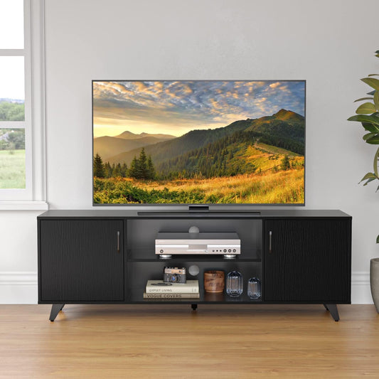 Panana Mid Century TV Stand Entertainment Center with 2 Doors, Wooden Medial Console Table for Living Room Furniture, 53.5" x 15" x 21.7" (Black)