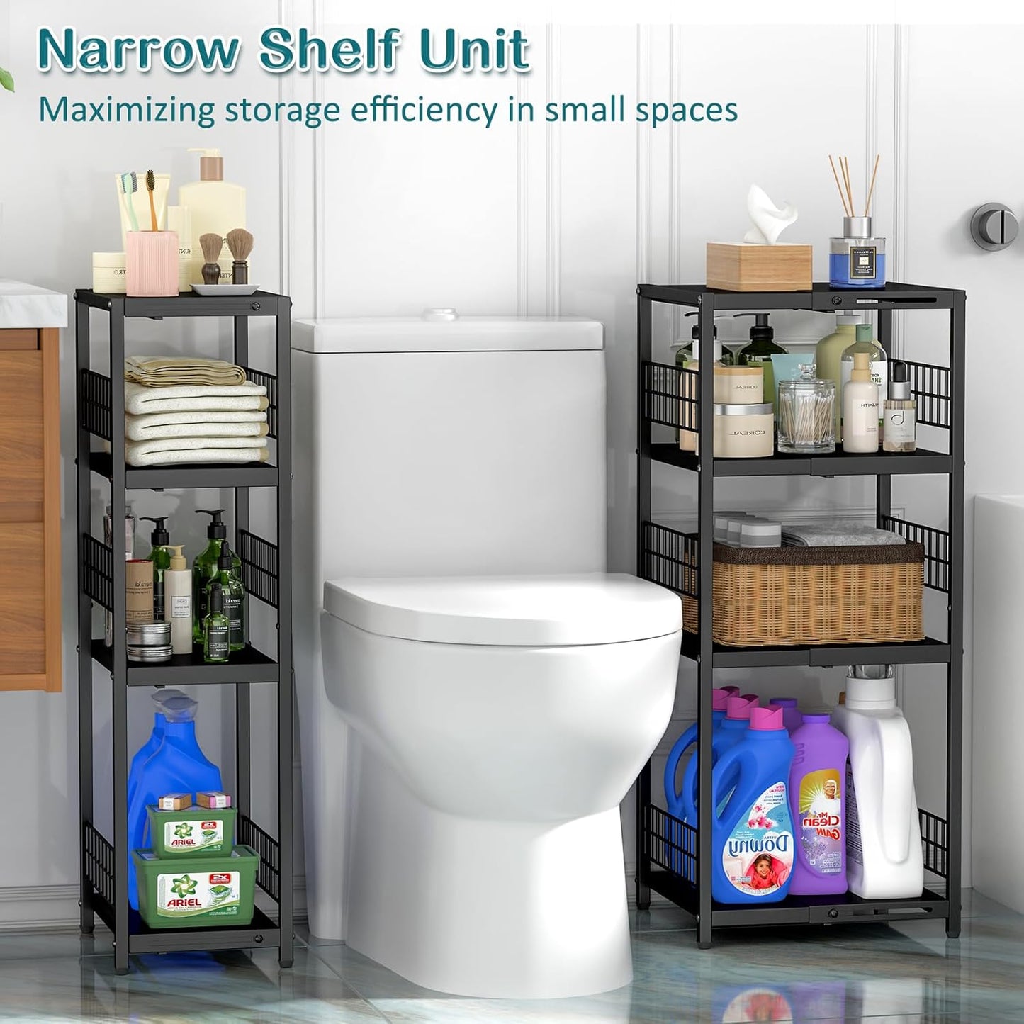 Expandable Slim Storage Shelf, 4 Tier Metal Shelving Unit for Bathroom Storage Organizer, Freestanding Narrow Shelf for Small Spaces, Open Floor Shelves for Bathroom, Laundry Room, Kitchen