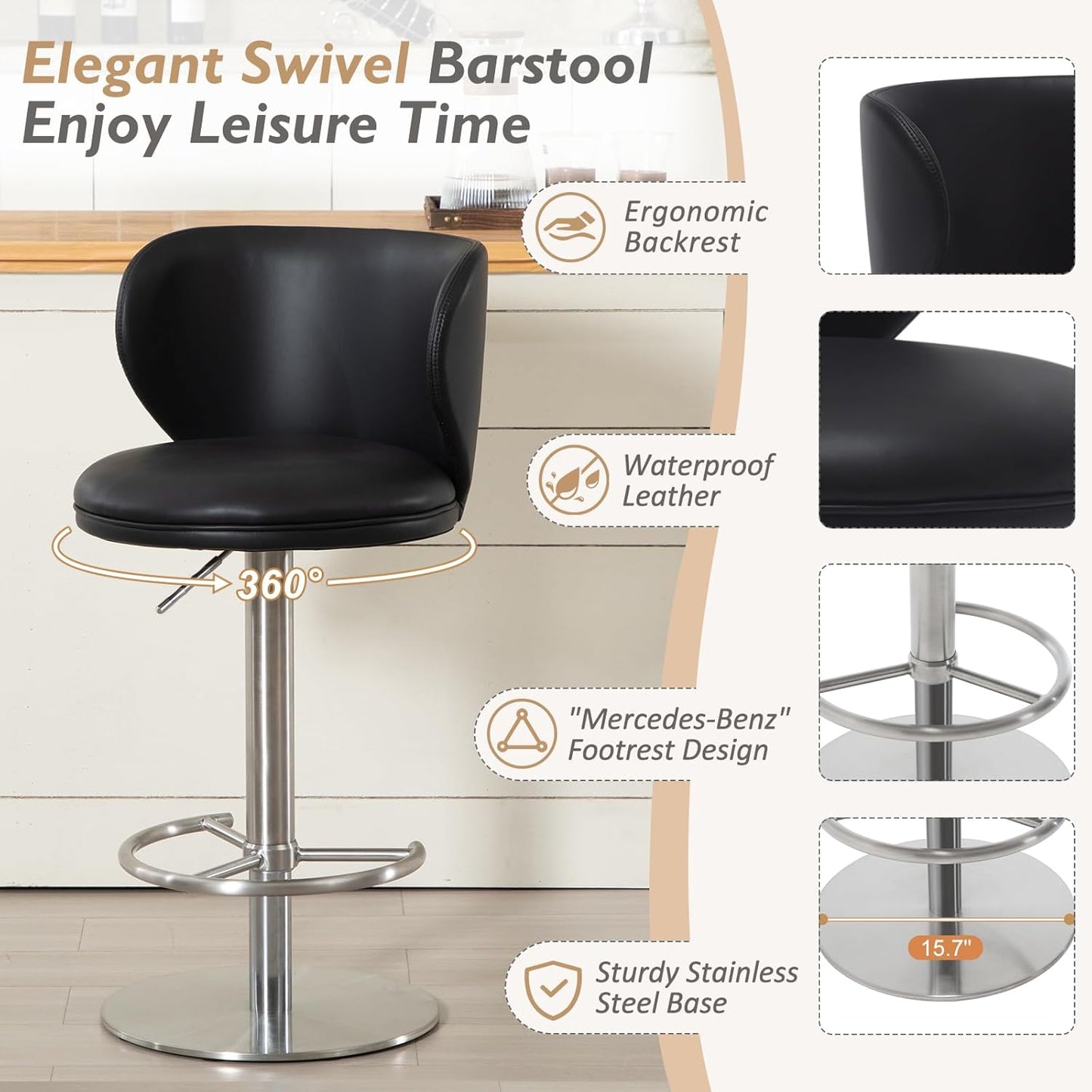 Bar Stools Adjustable Stainless Steel Swivel Barstool with Back and Footrest Leather Upholstered Bar Chairs for Home,Kitchen,Bar, Counter (Black, 1pc)