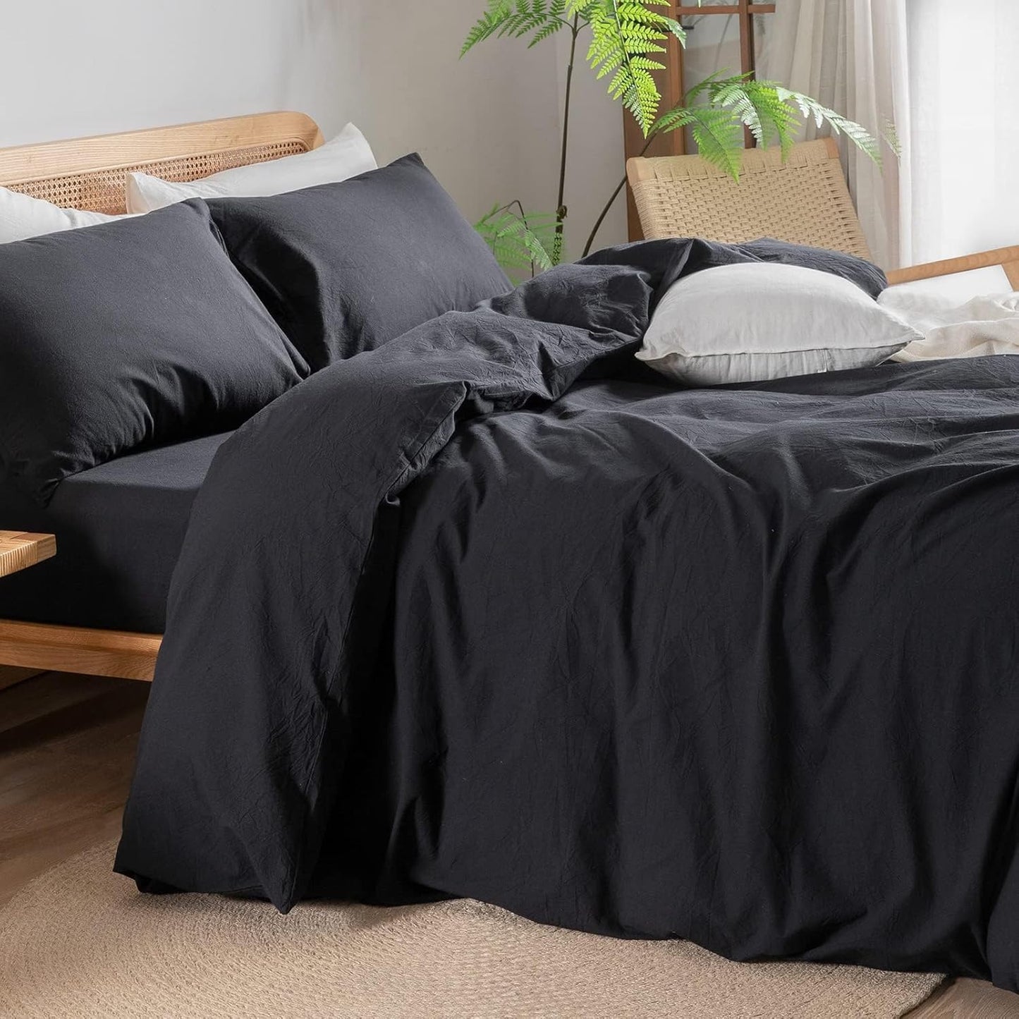 BESTOUCH Duvet Cover Set 100% Washed Cotton Linen Feel Super Soft Comfortable Chic Lightweight 3 PCs Home Bedding Set Solid Deep Black Oversized Full