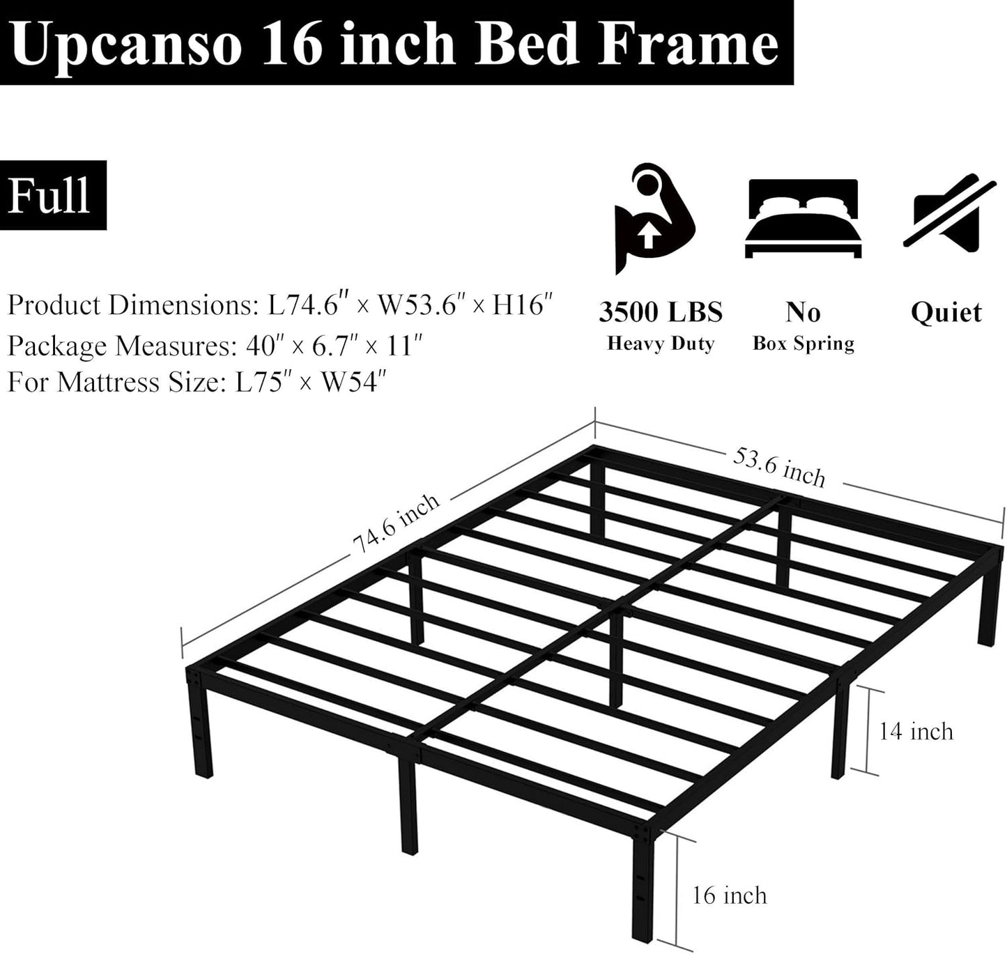 16 Inch Full Size Bed Frame No Box Spring Need, Metal Platform Full Bed Frames with 14 Inch Storage, 3,500 lbs Heavy Duty Steel Slats Support, Easy Assembly Mattress Foundation