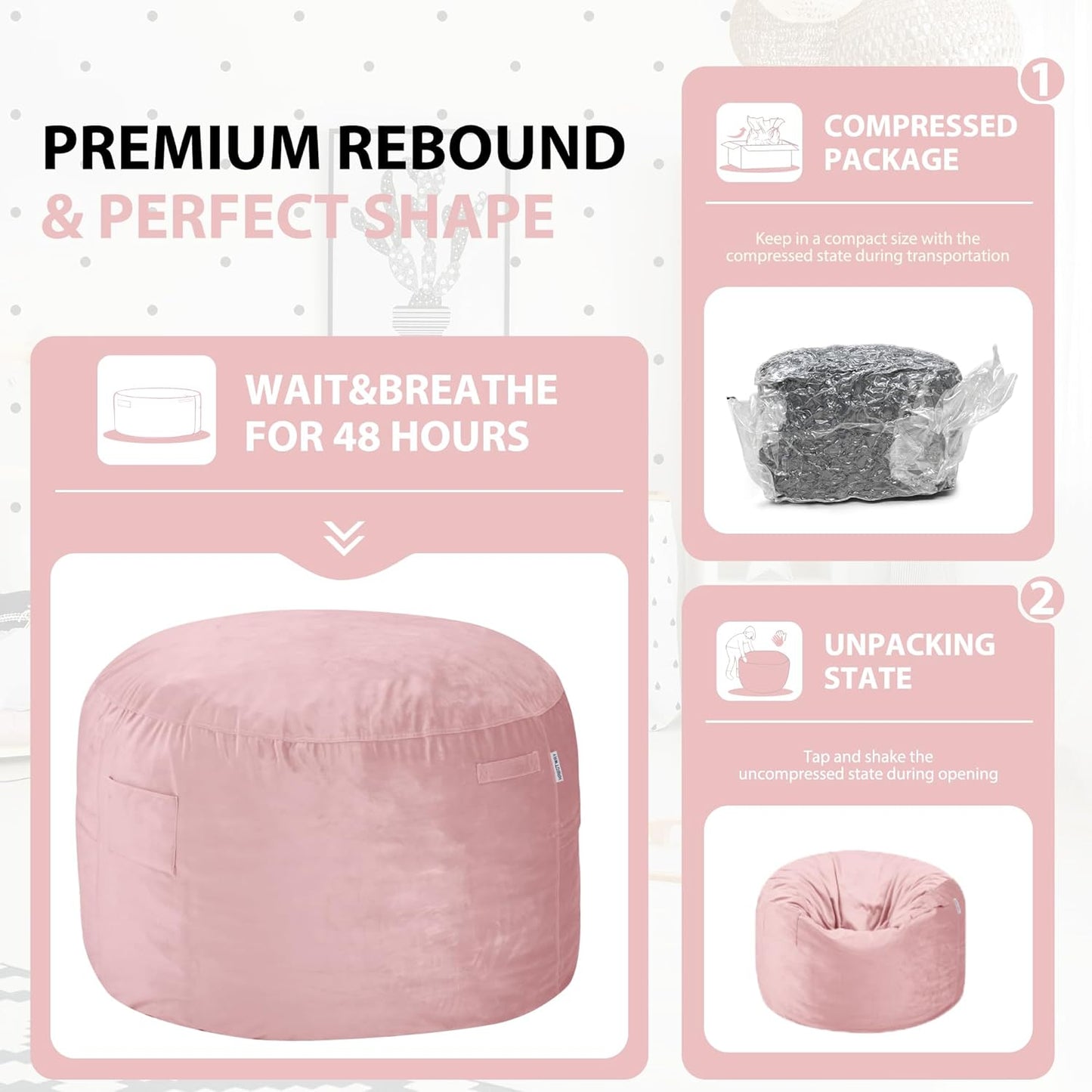 HABUTWAY Bean Bag Chair 3Ft Luxurious Velvet Ultra Soft Fur with High Rebound Memory Foam Bean Bag Chairs for Adults Plush Lazy Sofa with Fluffy Sponge 3' (Pink)