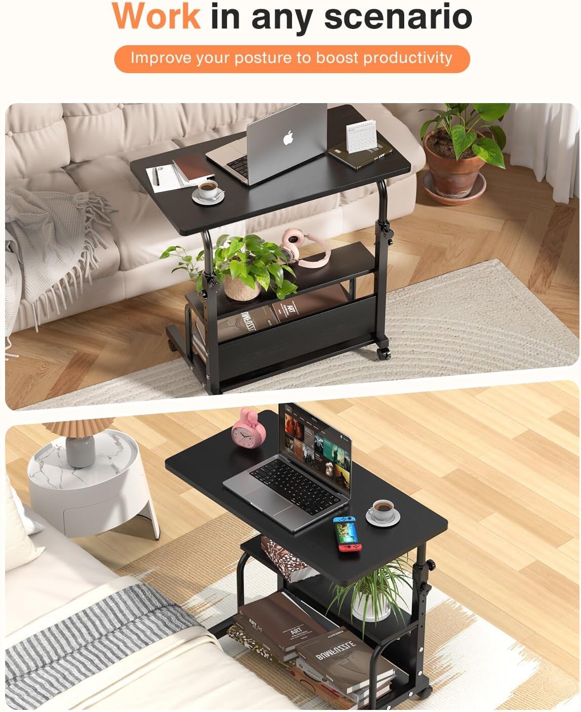 Portable Rolling Desk on Wheels Adjustable Height Desks for Small Spaces, 32" Computer Desk with Storage Shelves for Home Office Black