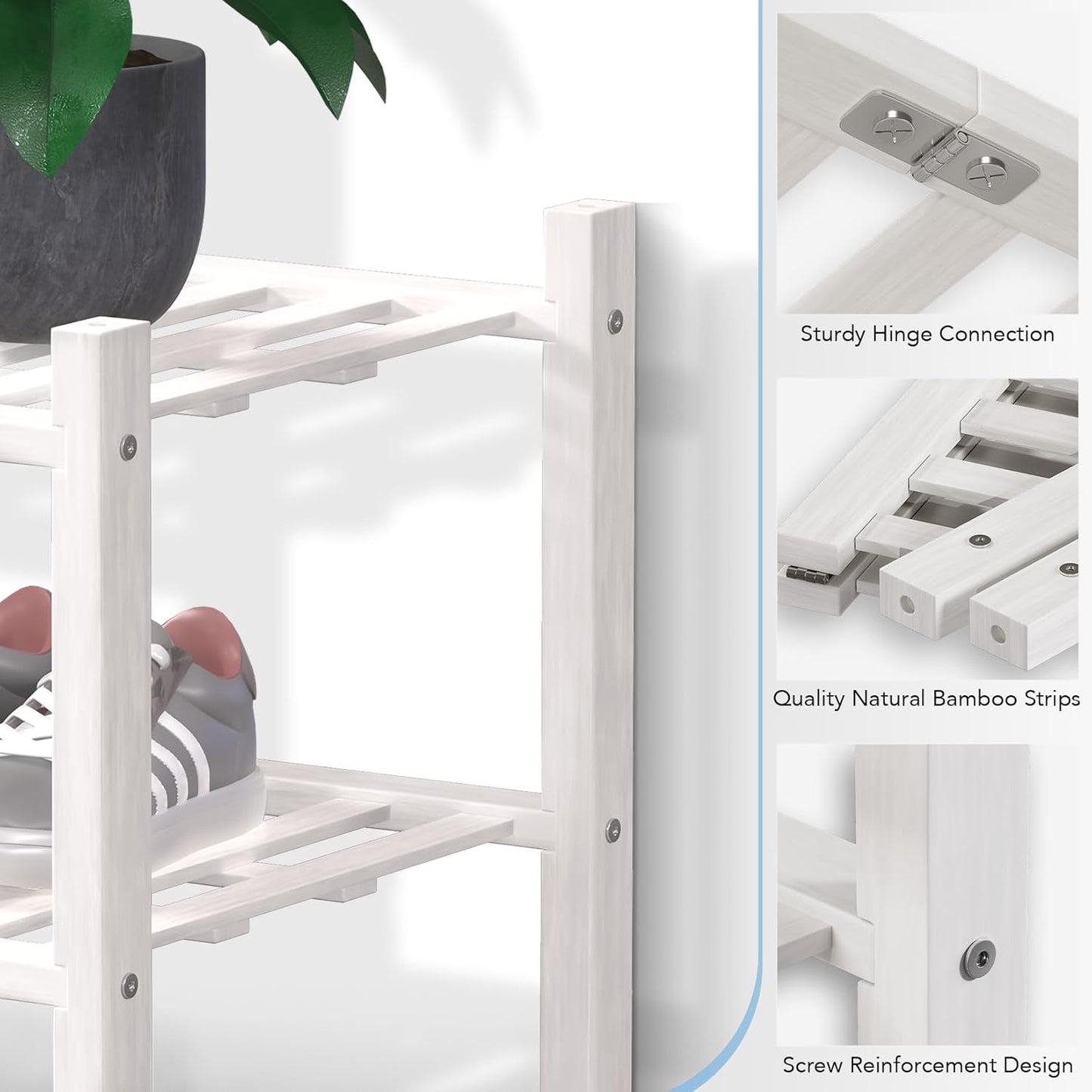 Haddockway 5 Tier Bamboo Shoe Rack Storage Organizer, Multifunctional Free Standing Stackable Shoe Shelf with Grid Panel for Closet,Hallway,Entryway,Small Space 27"x11"x32" (White, 5 Tier)