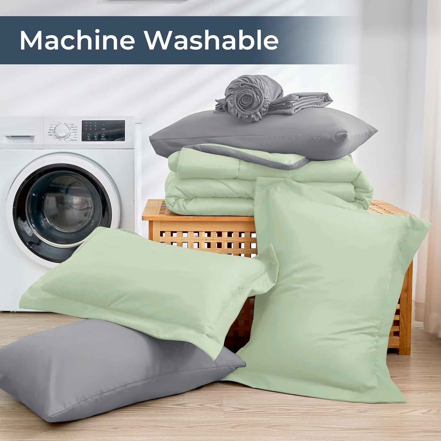 HEVUMYI King Comforter Set - 7-Piece All Season Bed in a Bag King, Ultra Soft Bedding Set with Comforter, Flat Sheet, Fitted Sheet, Pillowcases, Pillow Shams, Sage Green & Light Grey