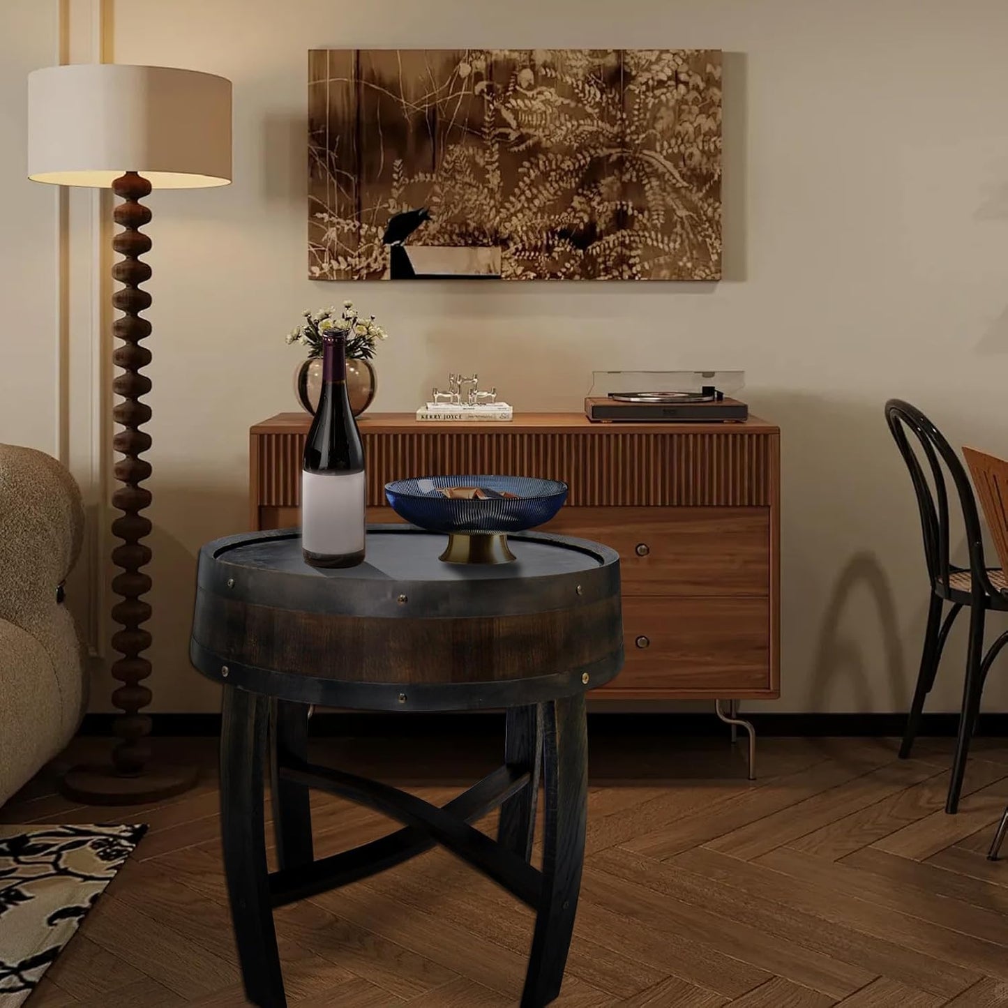 Medieval Retro Wine Barrel Design Coffee Table Wooden Round Creative End Table for Indoor Outdoor, 23" Brown Barrel Tables for Livingroom Small Spaces Outdoor Courtyard Farmhouse Balcony