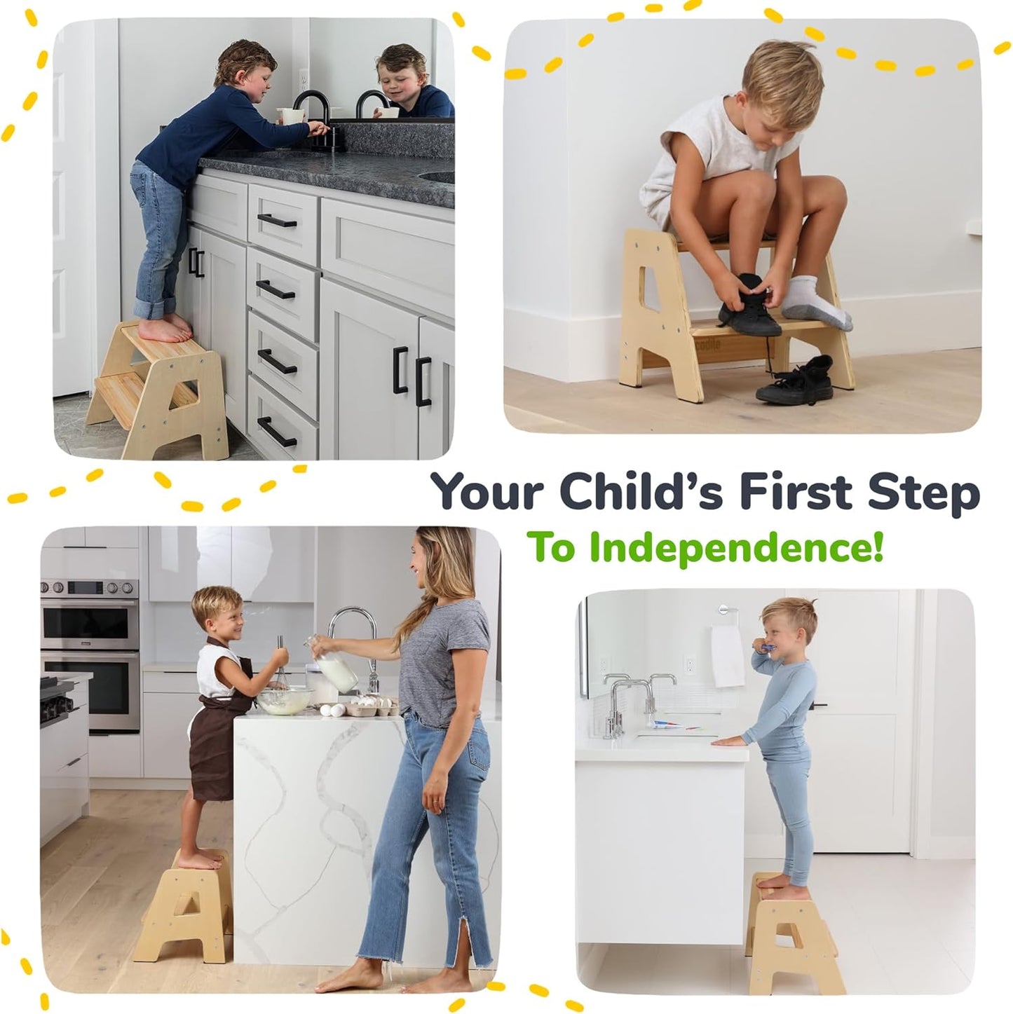 2-Step Wooden Step Stool for Toddlers | Kids Stool for Bathroom Sink & Kitchen Use | Non-Slip Step | Wooden Stool for Children Ages 2+ Years Varnished
