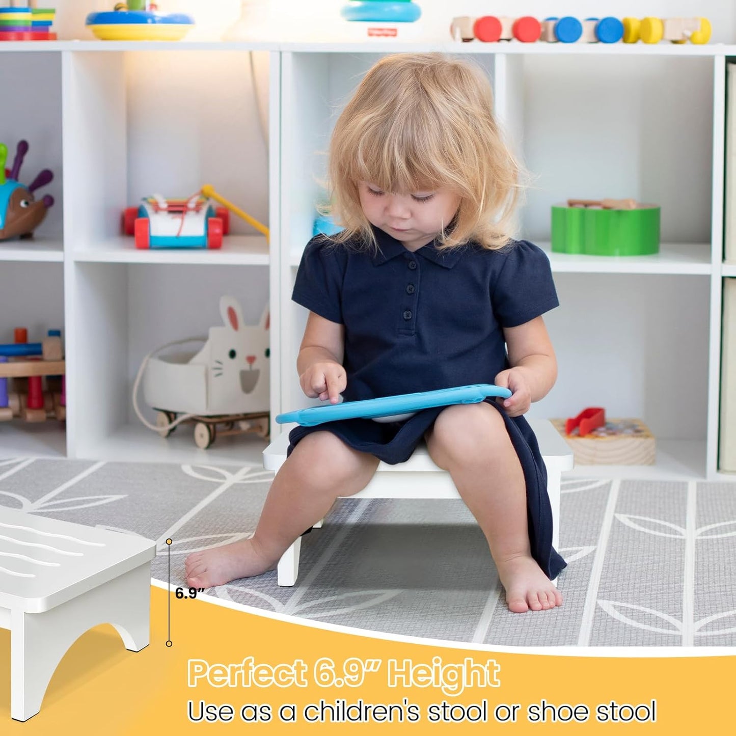 Wooden Step Stool for Adults, One Step Stool with Non-Slip Rubber, 6.9”x 15.7"" Bed Step Stool for High Beds, White Safety Foot Stool for Elderly, Kid