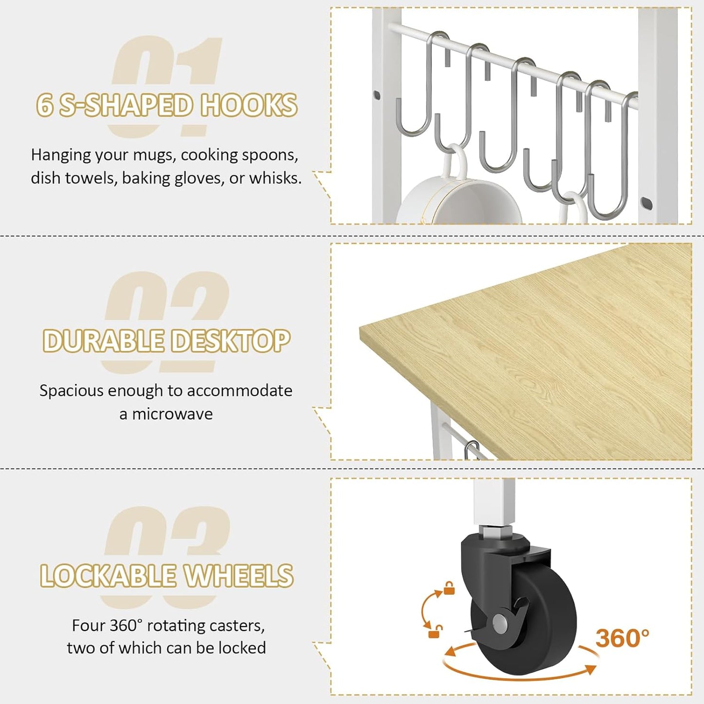 Rolling Kitchen Microwave Cart, 3 Tier Microwave Table Stand with Adjustable Shelf, Kitchen Storage Rack on Wheels, Coffee Station Cart Rack Shelf Organizer for Living Room Office, Balcony