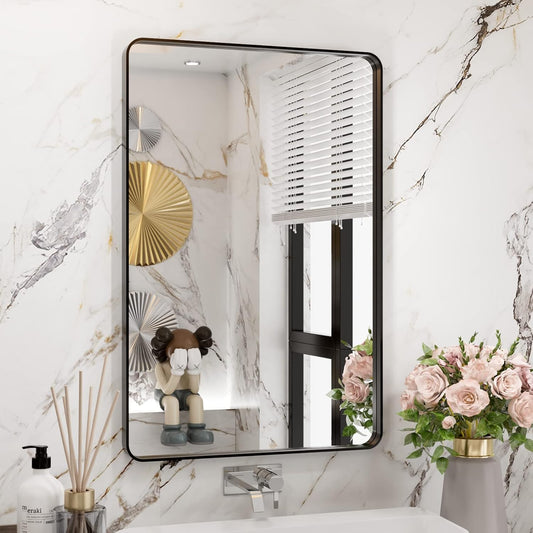 WEER Black Bathroom Mirror 20X30 Inch, Rectangular Matte Black Metal Framed Vanity Mirror, Farmhouse Bathroom Mirror with Tempered Glass, Rounded Corner, Anti-Rust (Horizontal/Vertical)