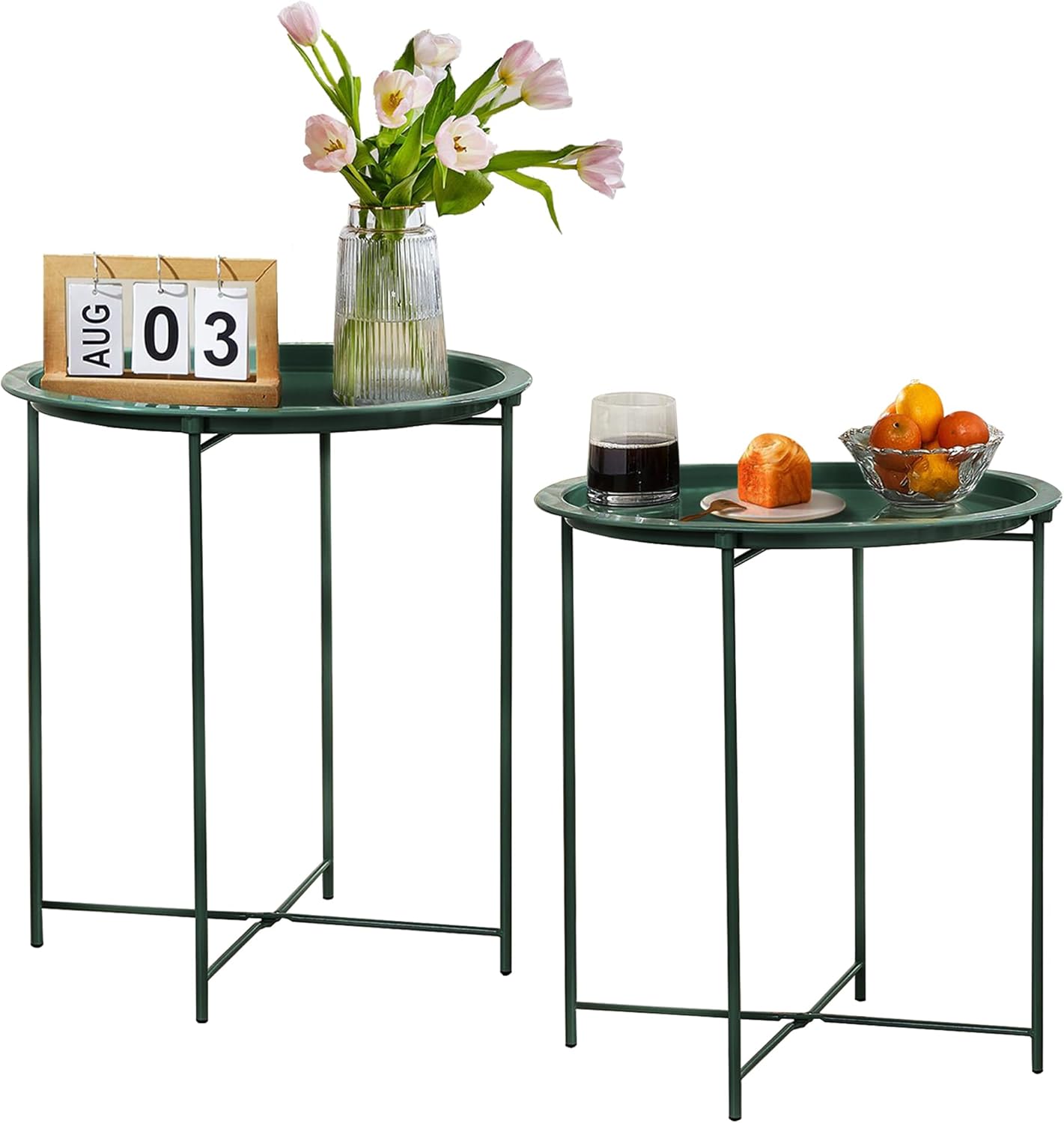 VECELO Side/End Table, Folding Round Metal Anti-Rust and Waterproof Outdoor or Indoor Tray for Living Room Bedroom Balcony and Office, 2 PCS, Dark Green