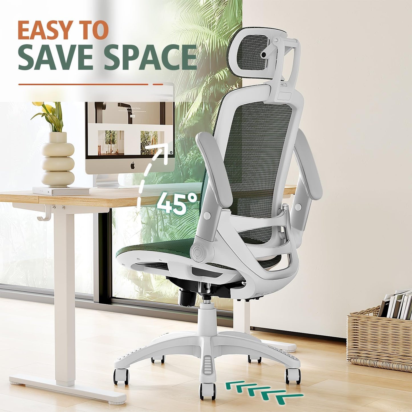 GABRYLLY Ergonomic Office Chair, High Back Home Desk Chair with Headrest, Flip-Up Arms, 90-120° Tilt Lock and Wide Cushion, 400LBS Mesh Chairs for Man Woman, White Task Chair(Olive Green,GY01WOG)