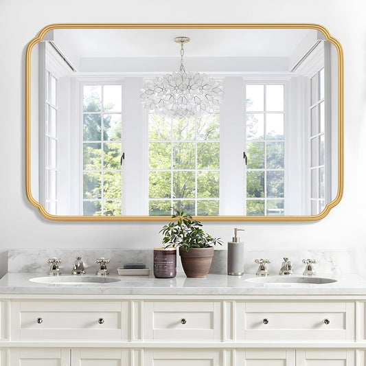 30"x48" Gold Bathroom Mirror for Wall, Large Brass Gold Bathroom Vanity Mirror for Over Sink, Rounded Rectangle Mirror in Premium Iron Metal Frame Hangs Horizontal Or Vertical