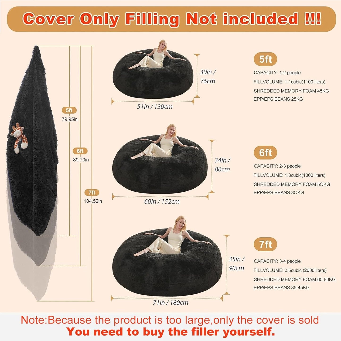 Bean Bag Cover (No Filler), Faux Fur Comfy Bean Bag Covers for Adults, Washable Beanbag Chair Cover, Fluffy Plush Giant Bean Bags Chairs Covers for Teens Kids Girls, Anti-Slip, 5FT, Black