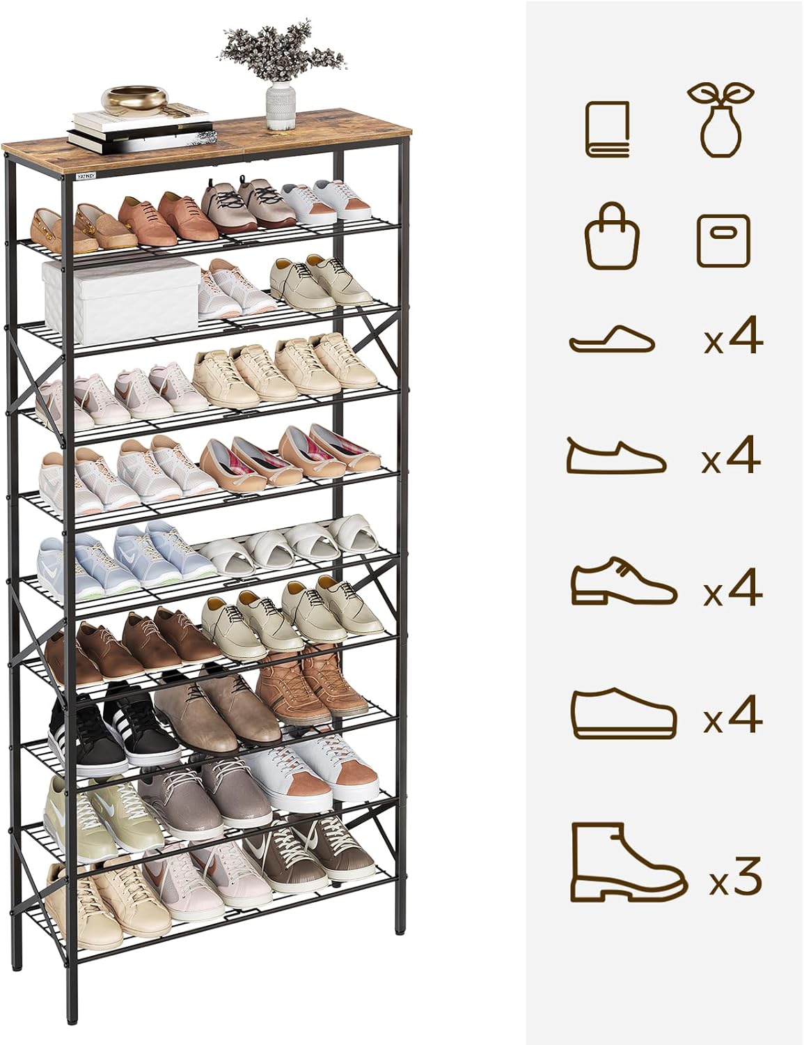 10 Tier Shoe Rack, Large Capacity Shoe Storage Organizer Holds 40 Pairs, Durable and Stable, for Entryway, Hallway, Closet, Dorm Room, Rustic Brown SS10BR