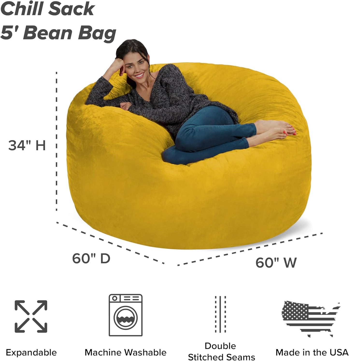 Chill Sack Bean Bag Chair - 5' Giant Memory Foam Lounge Chair with Soft Microfiber Cover – Cozy Furniture for Living Room, Dorm, & Kids' Rooms – Comfortable 5 Ft, Microsuede Lounge Sofa, Lemon