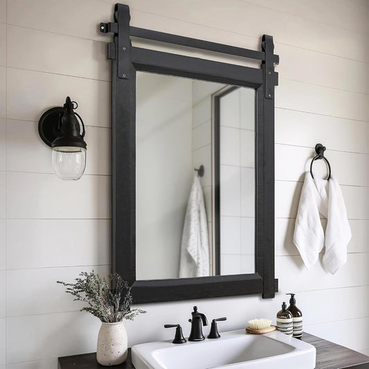 Farmhouse Barn Door Mirror: 22"x30" Black Rustic Wood Frame Mirror for Wall - Home Decor for Entryway/Bathroom/Living Room