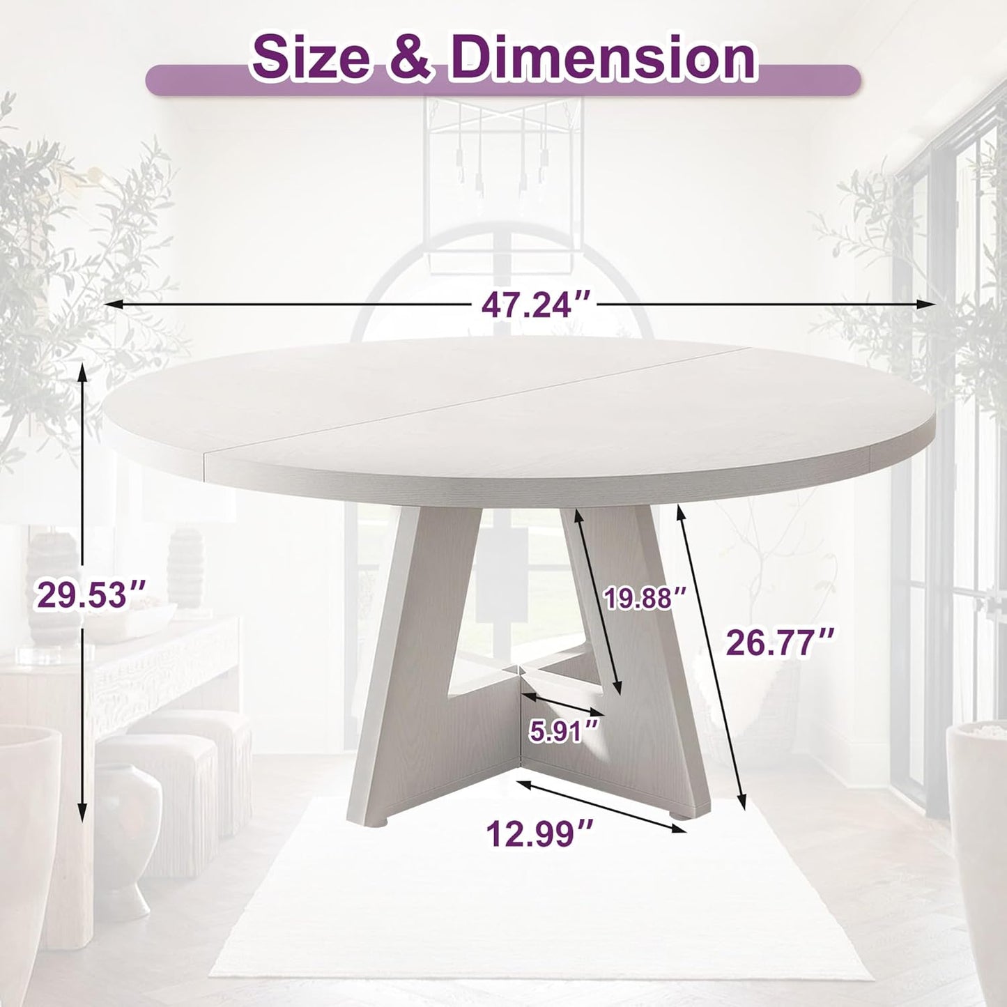 Round Dining Table for 4, 47" Wooden Kitchen Dinner Table Rustic, Farmhouse Table for Dining Room, Living Room, White