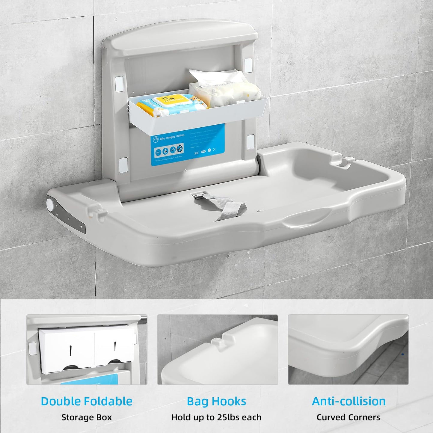 Fold-Down Baby Changing Diaper Station - Horizontal Wall Mounted, Sturdy & Durable with Safety Straps for Commercial Bathrooms(1 White Granite)