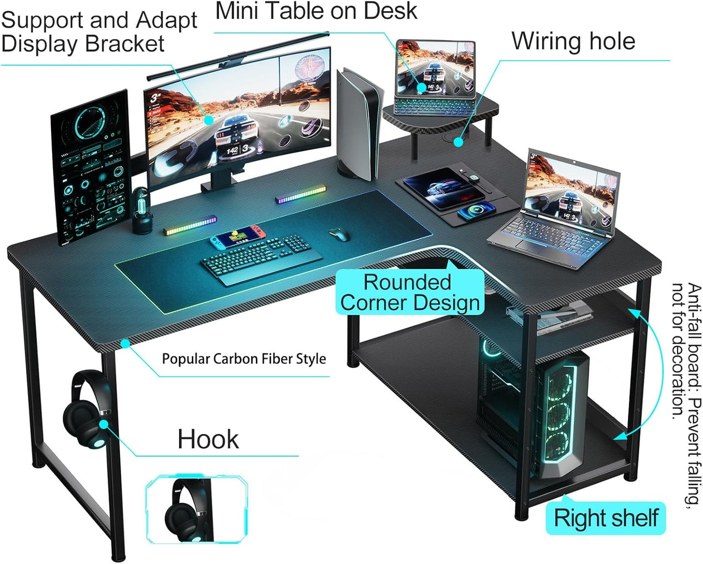 GTRACING L Shaped Gaming Desk, Carbon Fiber Style Computer Desk Compatible with Monitor Arm Storage Shelves Corner Desk Gaming Table for Home Office Desks Easy to Assemble Adjustable Shelf Height