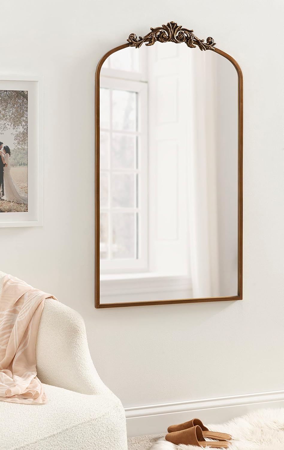 Kate and Laurel Arendahl Glam Arched Tall Panel Mirror; 24 x 42; Gold; Traditional Baroque Large Body Wall Mirror with Ornate Garland Inspired Crown