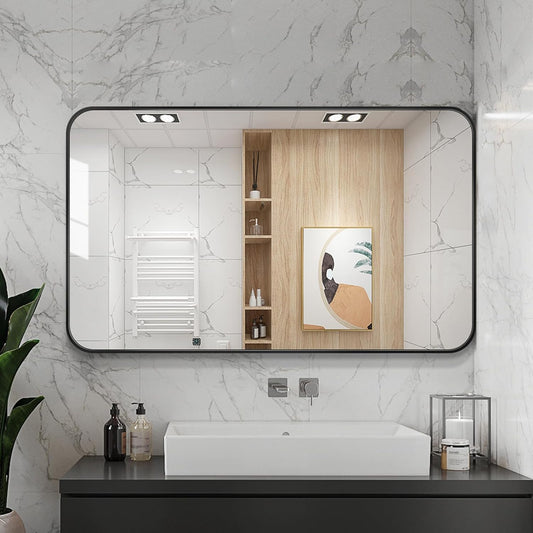 Large Modern Bathroom Mirror with Black Frame, 5mm Copper Free Silver Mirror,Black Frame, Easy Installation (Black, 36" L x 30" W)