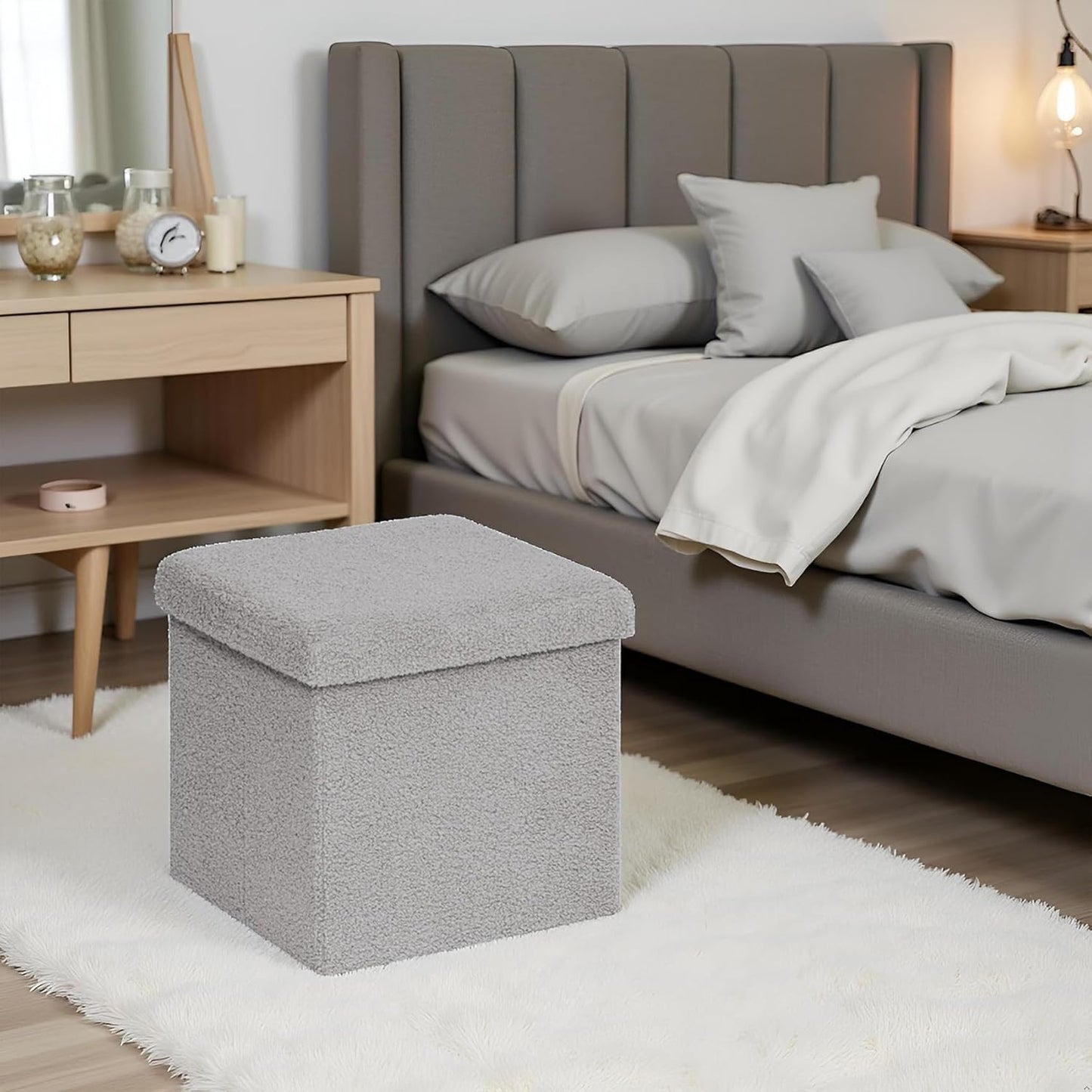 Folding Storage Ottoman Cube - Small Footrest with Sherpa Top, Multi-Functional Storage for Bedroom, Living Room-Grey
