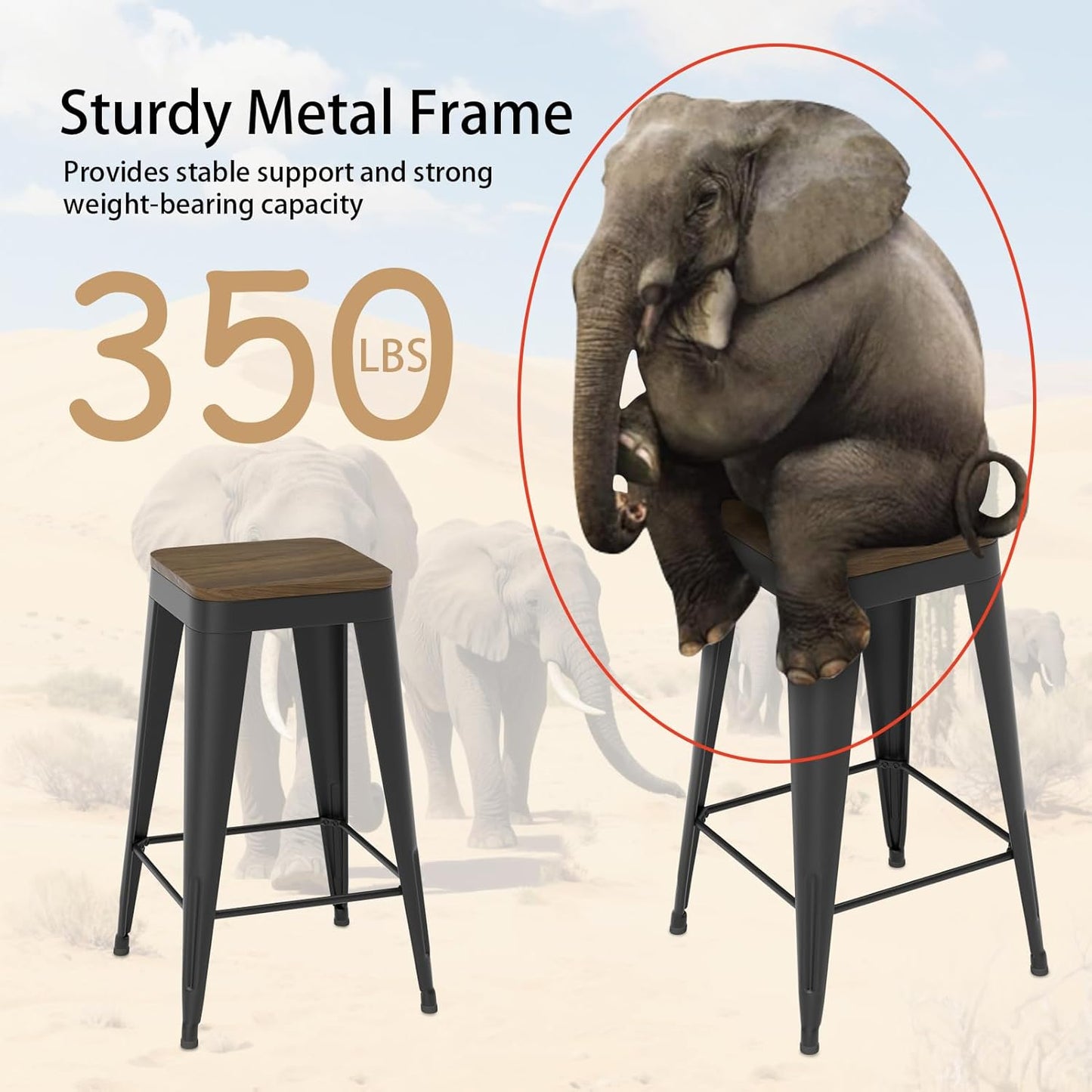 30 inch Backless Bar Stools Set of 4, Indoor Metal Bar Stools with Wood Seat, Industrial Counter Height Barstools for Kitchen Island, Black