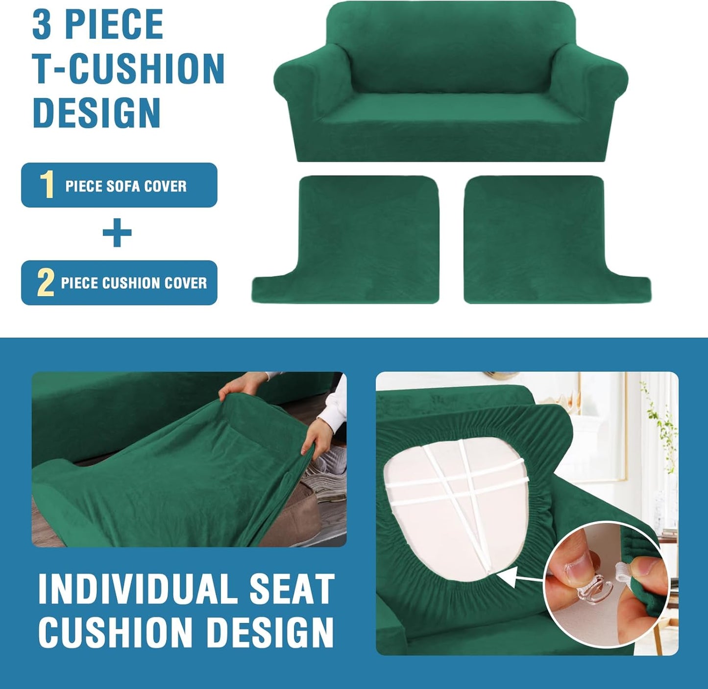H.VERSAILTEX Sofa Cover 3 Piece T Cushion Sofa Slipcovers Thick Velvet Couch Cover Stretch T Cushion Sofa Covers for 2 Cushion Couch with 2 Individual T Cushion Covers, Vintage Green