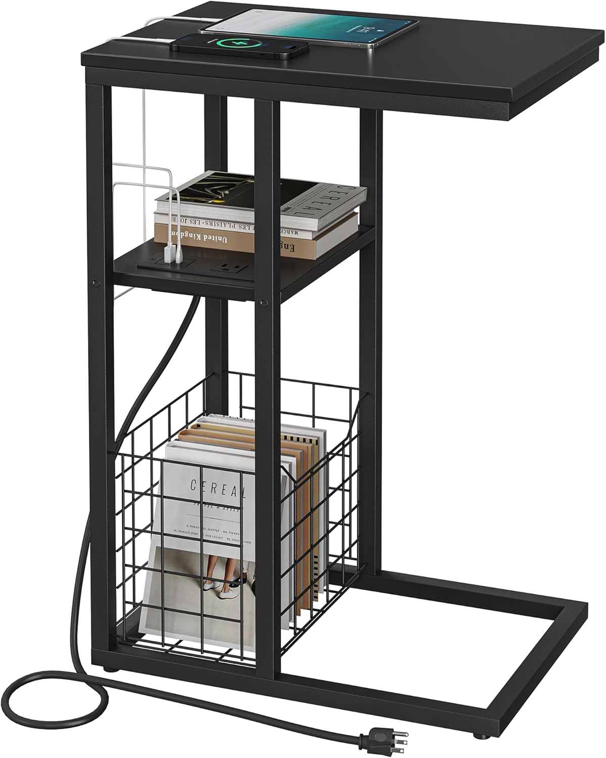 Vagusicc C Shaped End Table with Charging Station, Side Table for Couch, Small Side End Table for Small Spaces, 28" High Slide Under Sofa Table for Coffee, Tv Tray Table for Living Room, Black