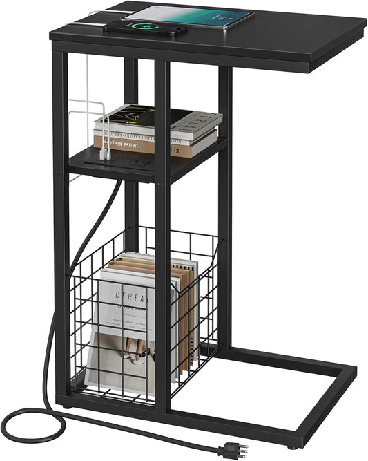 Vagusicc C Shaped End Table with Charging Station, Side Table for Couch, Small Side End Table for Small Spaces, 28" High Slide Under Sofa Table for Coffee, Tv Tray Table for Living Room, Black