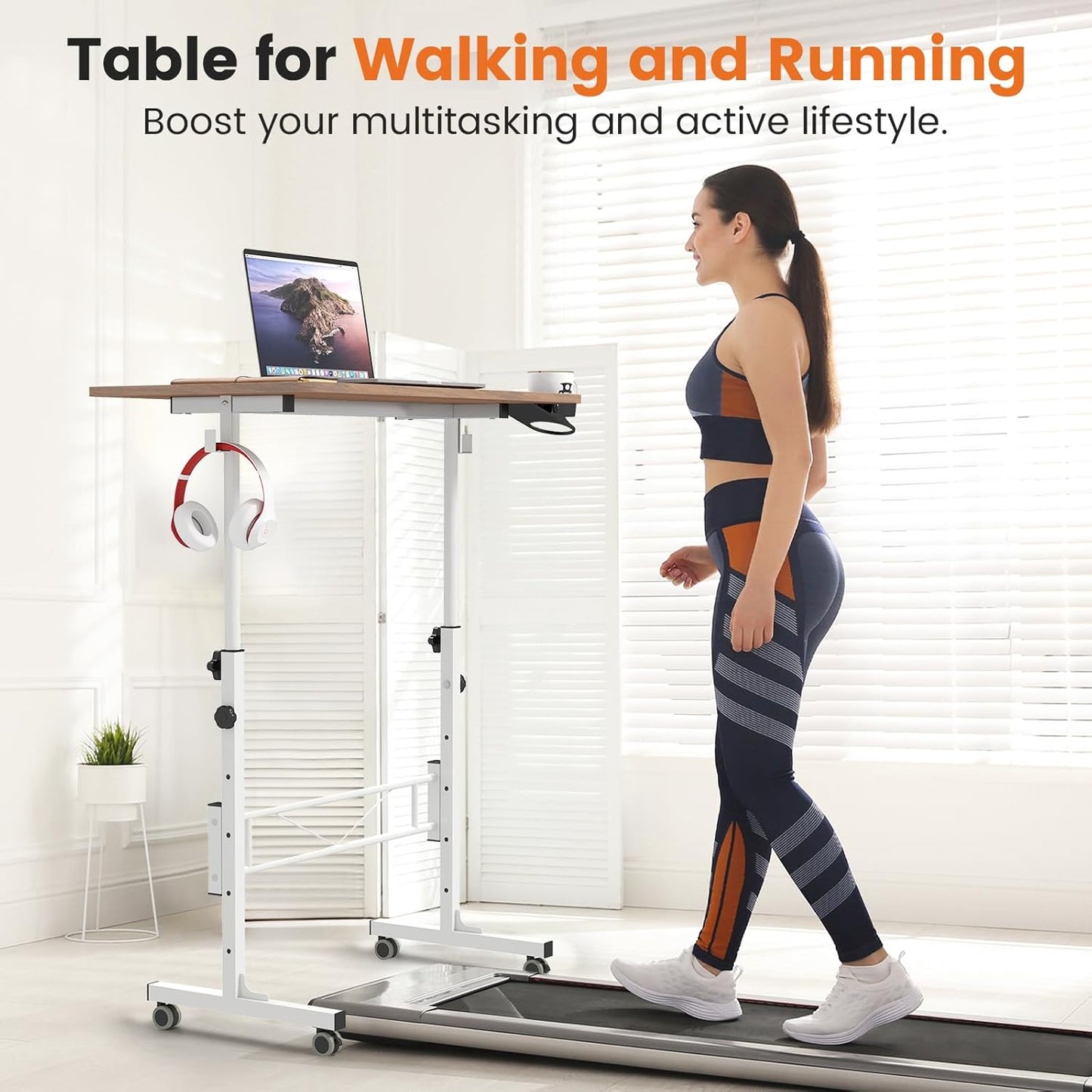 Hadulcet Portable Standing Desk, Rolling Desk Adjustable Height, Mobile Laptop Desk, Small Stand Up Table with Wheels, Walking Table for Treadmill Walking Pad, Tall Computer Stand, Oak