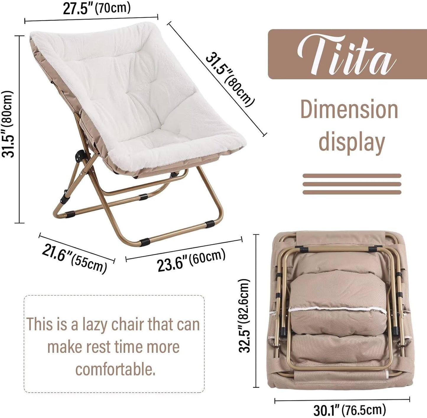 Tiita Comfy Folded Chair, Soft Faux Fur Oversized Folding Accent Chair, Lounge Lazy Chair for Kids Teens Adults, Metal Frame Moon Chair for Bedroom, Living Room, Dorm Rooms