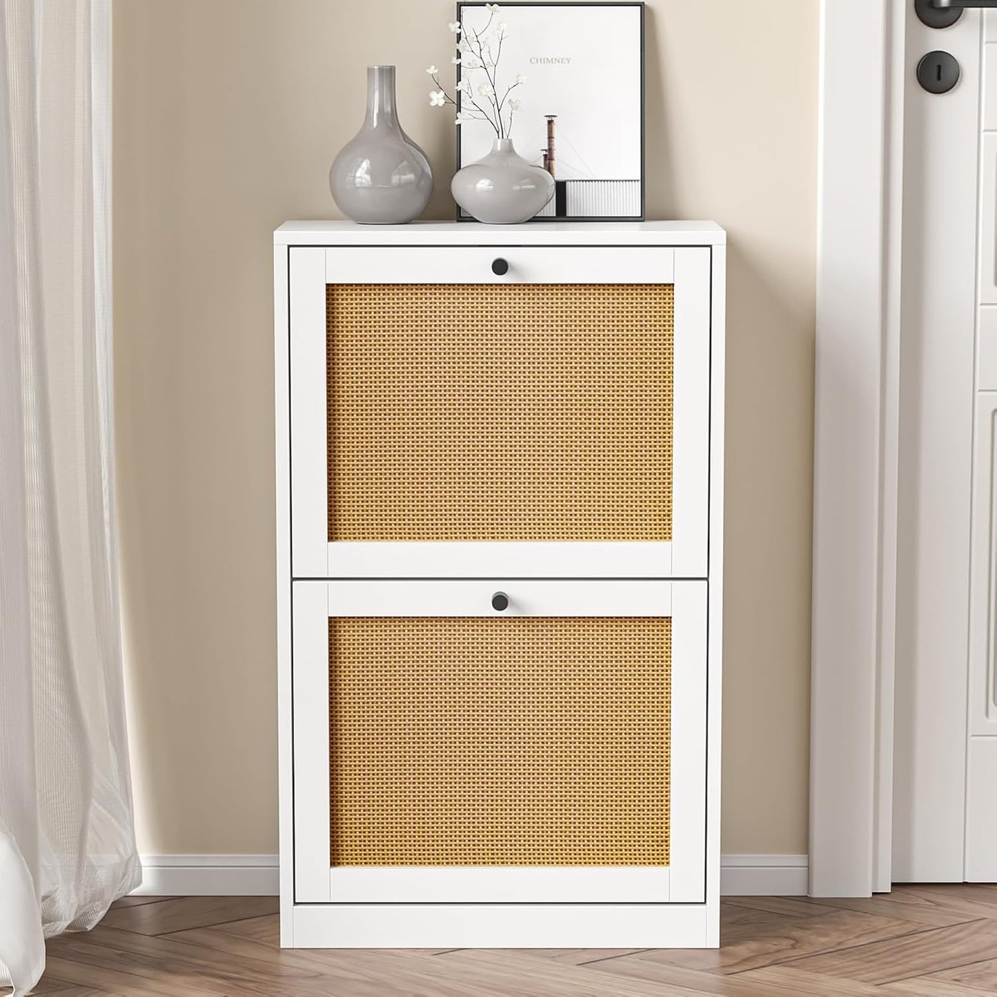 Shoe Storage Cabinet for Entryway with 2 Flip Drawers, Narrow Wood Shoe Cabinet with Rattan Panel, Freestanding Hidden Shoe Organizer for Foyer, Hallway, Small Space (White)