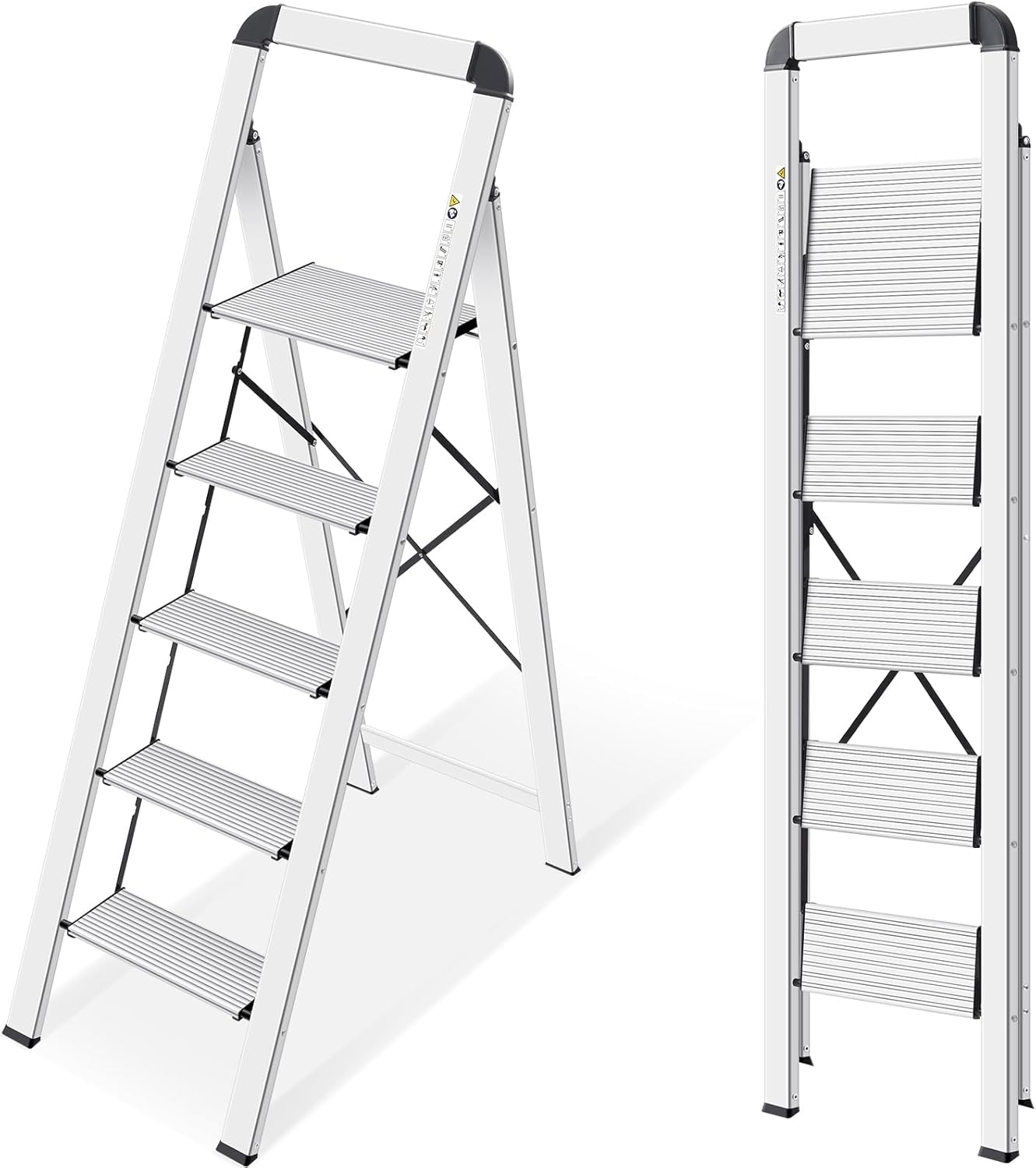 KINGRACK Aluminium 5 Step Ladder, Lightweight Step Stool with Non-Skid Pedals, Handrail, Foldable Step Ladder for Kitchen, Garage, Home, Space Saving, Sturdy and Portable, Silver
