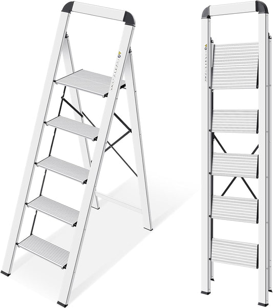 KINGRACK Aluminium 5 Step Ladder, Lightweight Step Stool with Non-Skid Pedals, Handrail, Foldable Step Ladder for Kitchen, Garage, Home, Space Saving, Sturdy and Portable, Silver