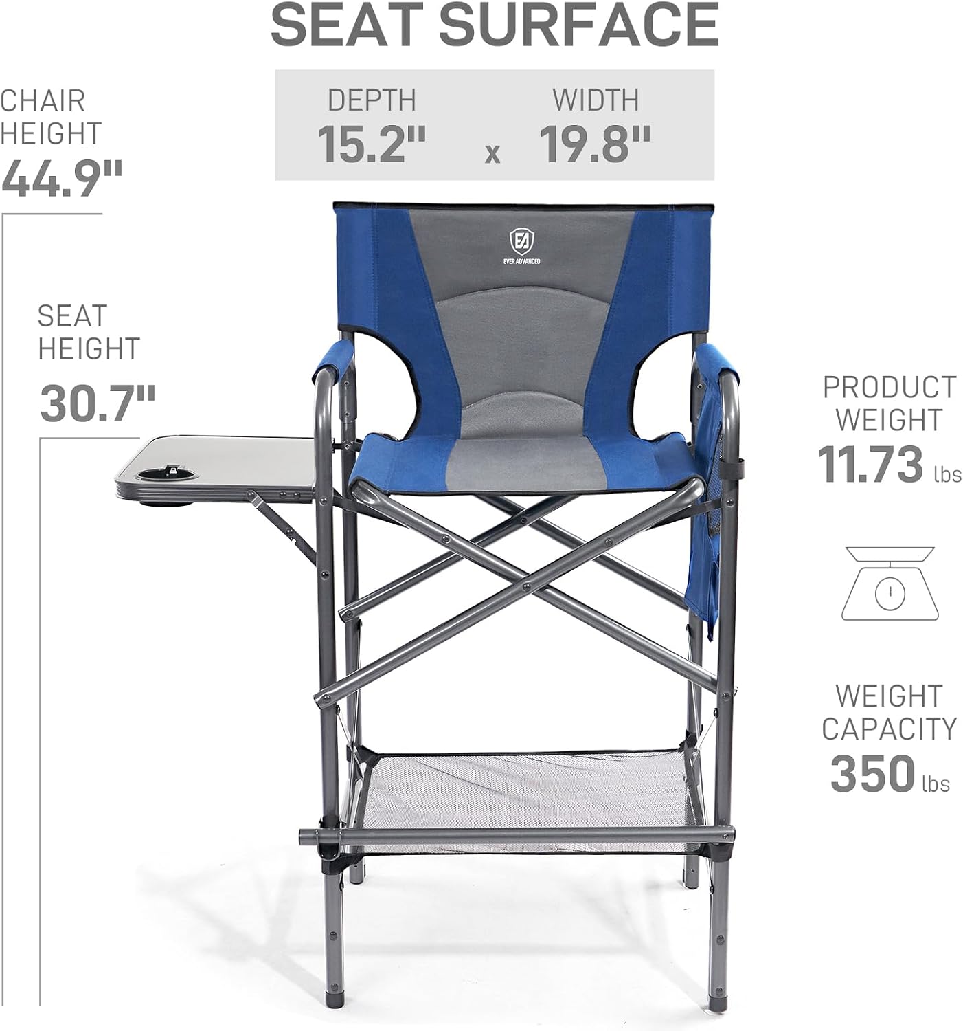 EVER ADVANCED 2 Piece Tall Folding Chair 30.7" Seat Height Directors Chair High Foldable Bar Stool for Makeup Artist Face Painting with Side Table Cup Holder Supports 350LBS