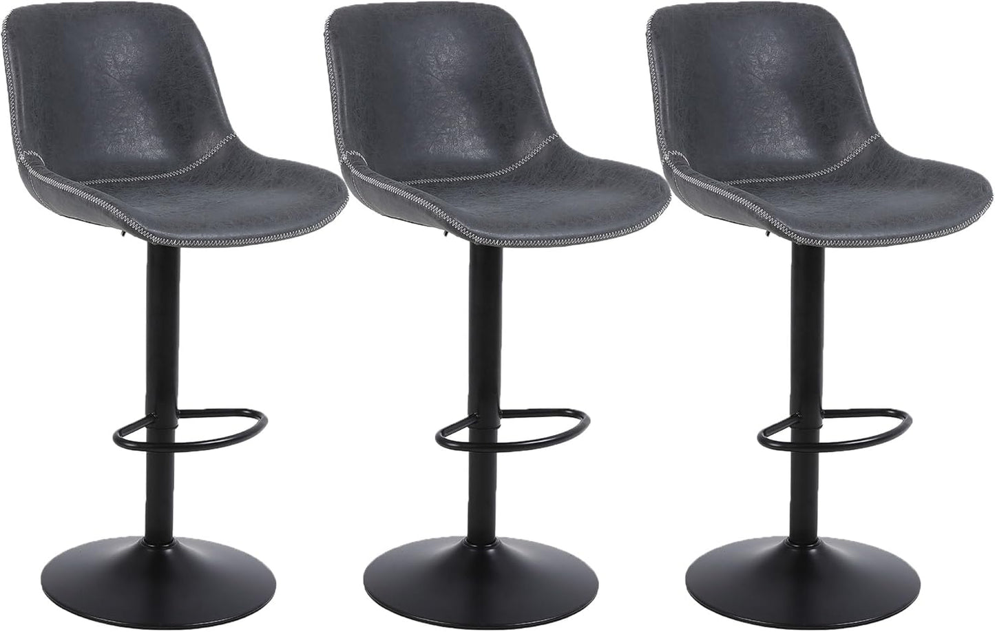 Bar Stools, Swivel Counter Height Barstools with Back, Adjustable Modern Bar Chairs, Tall Armless PU Leather Kitchen Island Stool (Black 02, Set of 3)