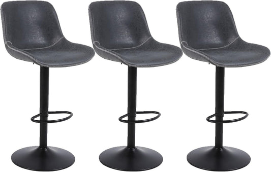 Bar Stools, Swivel Counter Height Barstools with Back, Adjustable Modern Bar Chairs, Tall Armless PU Leather Kitchen Island Stool (Black 02, Set of 3)
