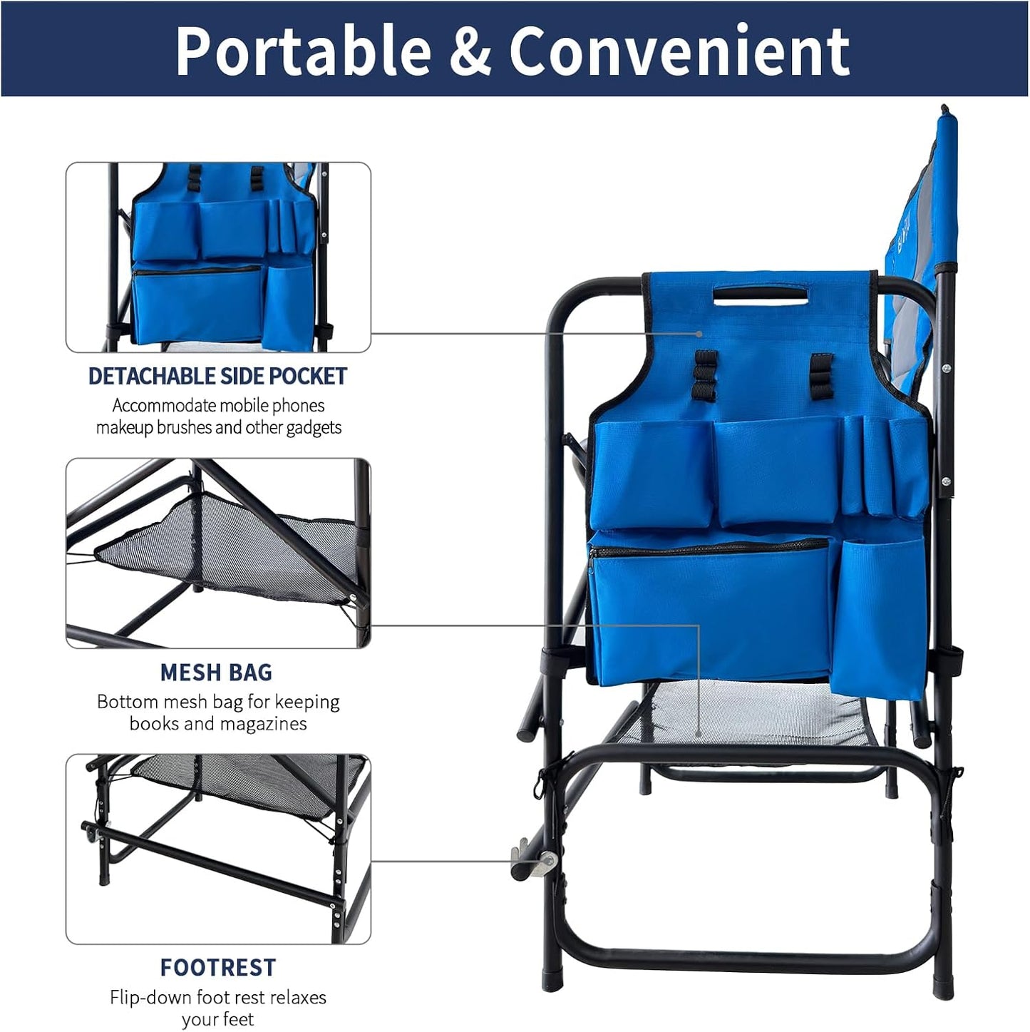 Tall Folding Directors Chair with Side Table 26.77" Seat Height Foldable Camping Chair Bar Stool for Makeup Artist Face Painting with Footrest and Storage Pocket Supports 350LBS