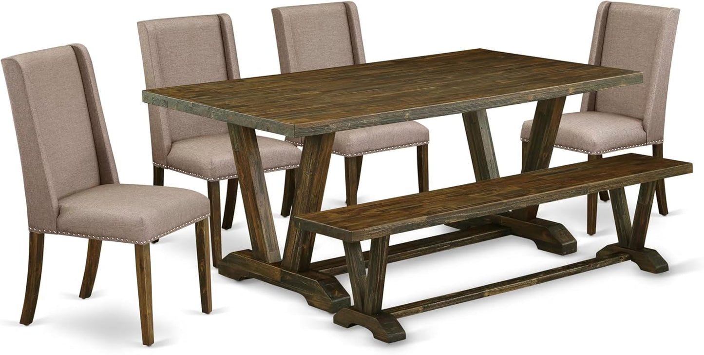 East West Furniture V777FL716-6 6 Piece Dinette Set Contains a Rectangle Dining Room Table with V-Legs and 4 Dark Khaki Linen Fabric Parson Chairs with a Bench, 40x72 Inch, Multi-Color