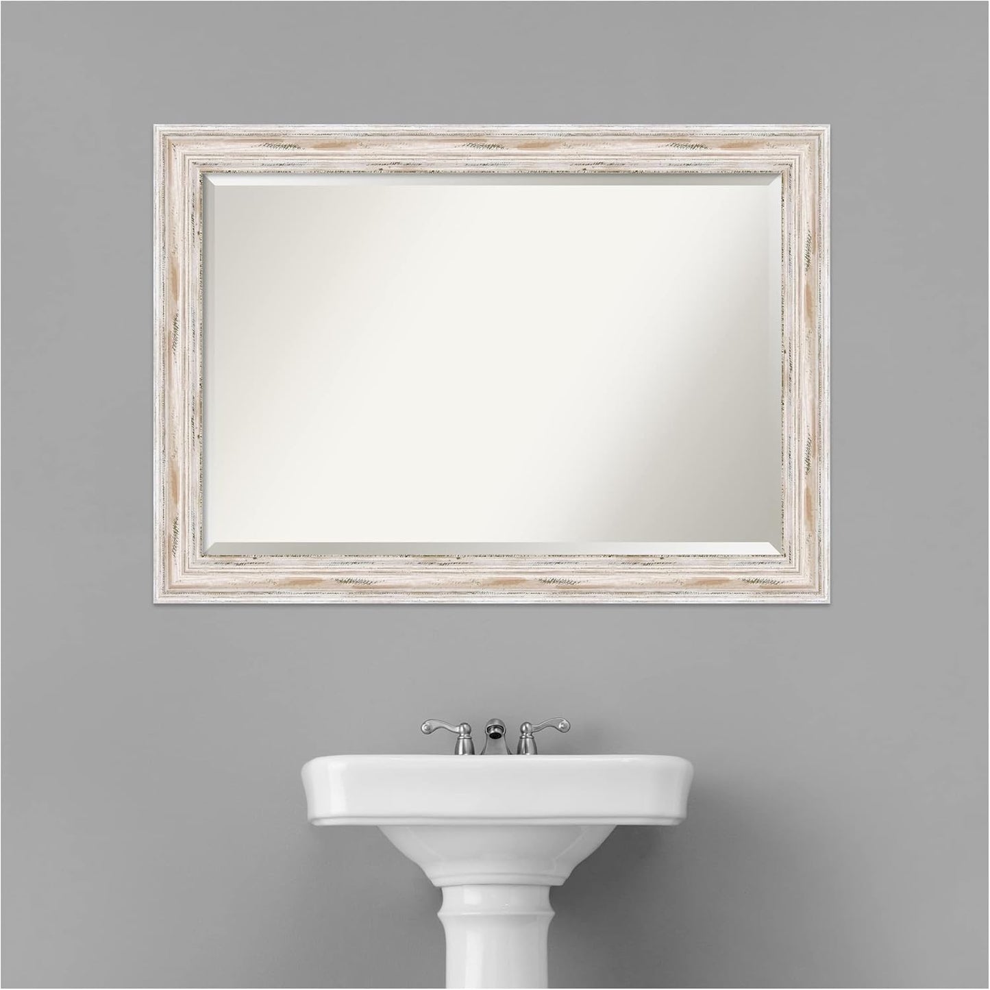 Amanti Art White Bathroom Mirror for Over Sink, 29x41 Alexandria White Wash Rectangle Vanity Mirror, Large Coastal Wood Frame, Hangs Horizonally and Vertically, Bathroom Wall Decor, Beveled Edge