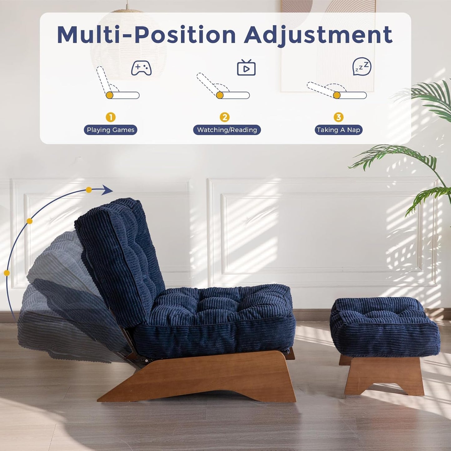 MAXYOYO Accent Chair with Ottoman Adjustable Backrest, Tufted Living Room Chair Upholstered Lounge Chair with Footrest Set, Modern Chair Cozy Reclining Chair for Reading Room, Navy