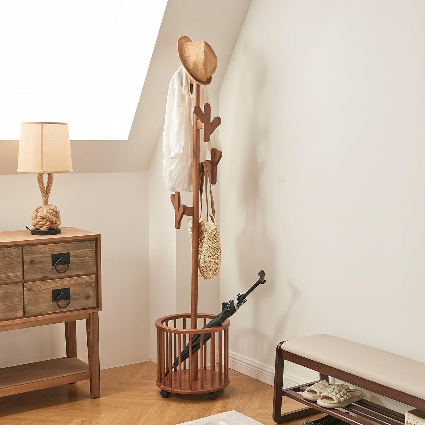 CozyDH Solid Wood Coat Rack Freestanding with Lockable 360° Rotary Casters, Coat Tree Stand with Umbrella Holder & Laundry Basket Storage & 12 Hooks, Walnut