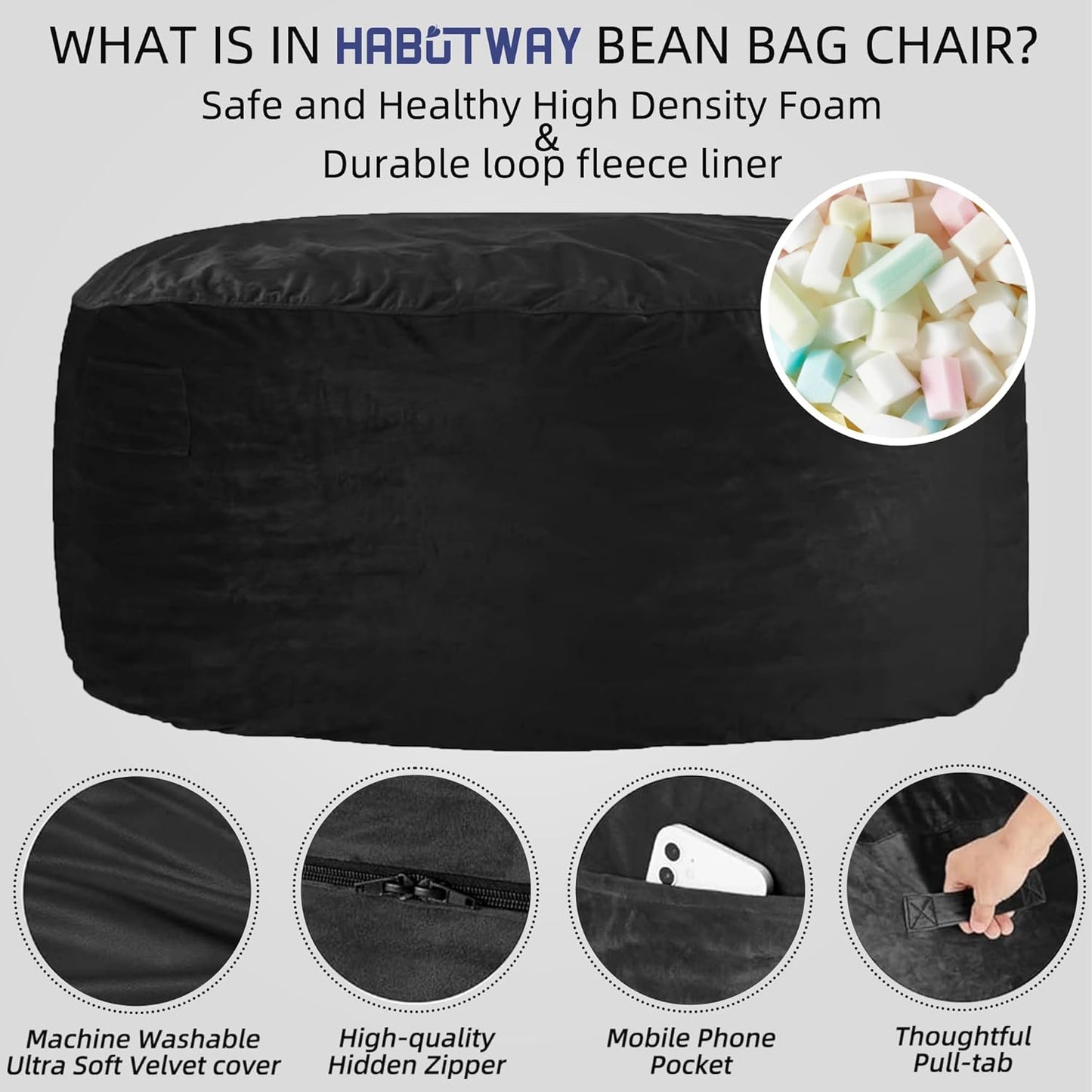 HABUTWAY Bean Bag Chair: Giant 5' Memory Foam Furniture Bean Bag Chairs for Adults with Microfiber Cover 5Ft (Black)
